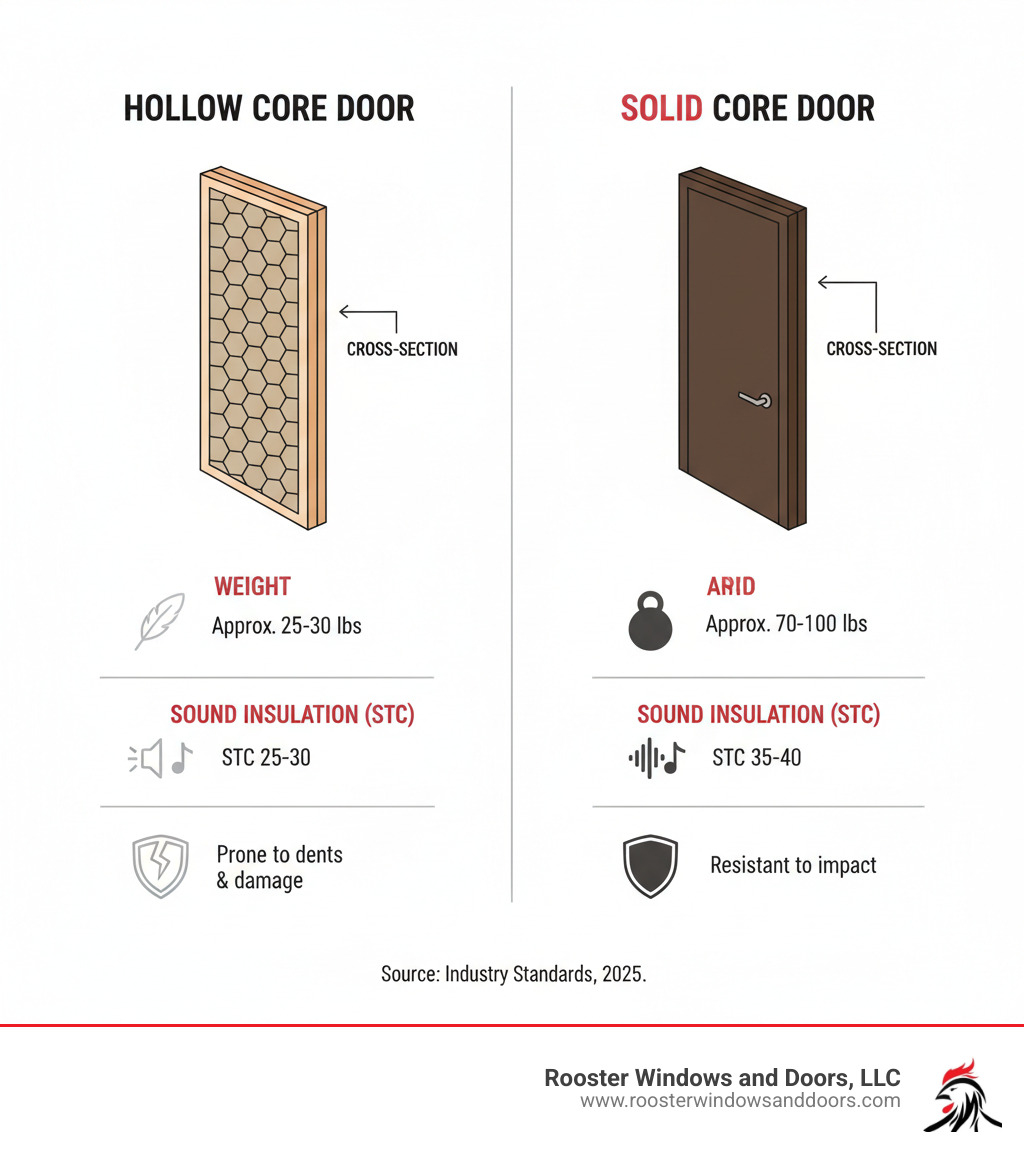 Infographic showing cross-section comparison of hollow core door with honeycomb cardboard interior versus solid core door with dense engineered wood core, highlighting weight differences, sound insulation ratings, and durability factors - replace hollow core door with solid infographic 