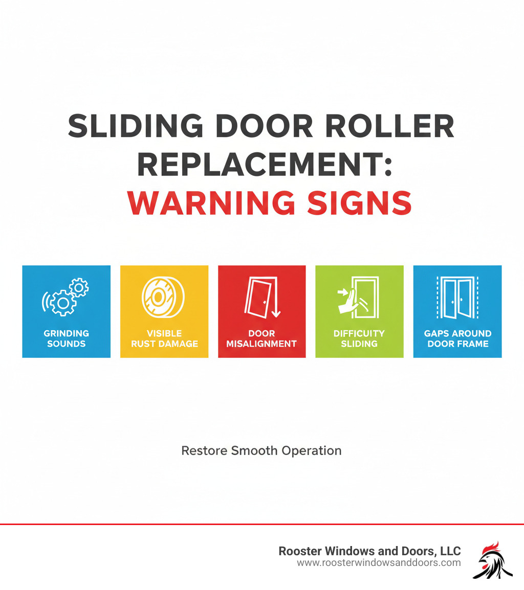 Infographic showing key warning signs that sliding door rollers need replacement including grinding sounds, visible rust damage, door misalignment, difficulty sliding, and gaps around door frame - replacing rollers on sliding glass door infographic 