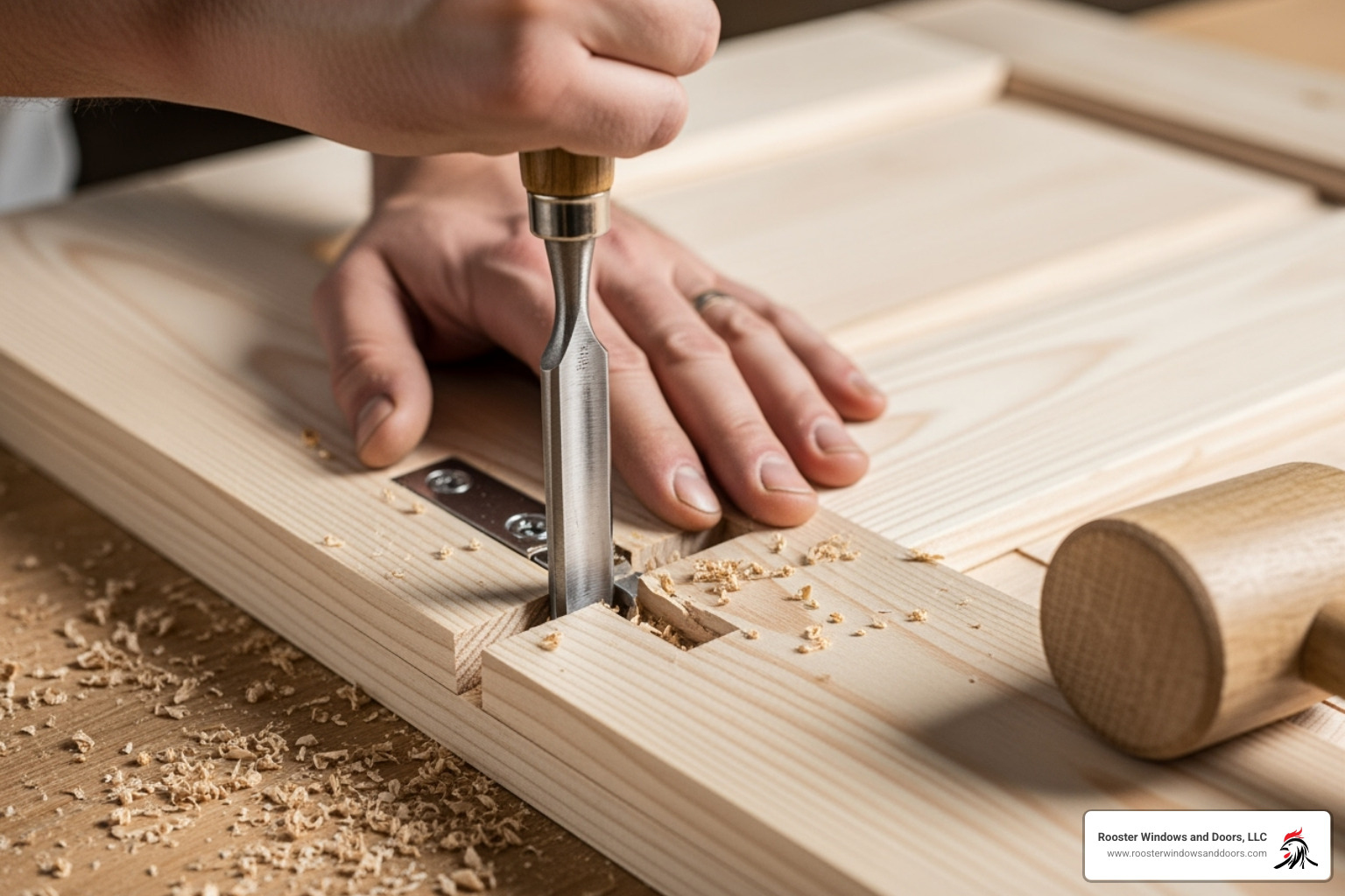 Person carefully mortising a hinge on a new door slab - replace hollow core door with solid