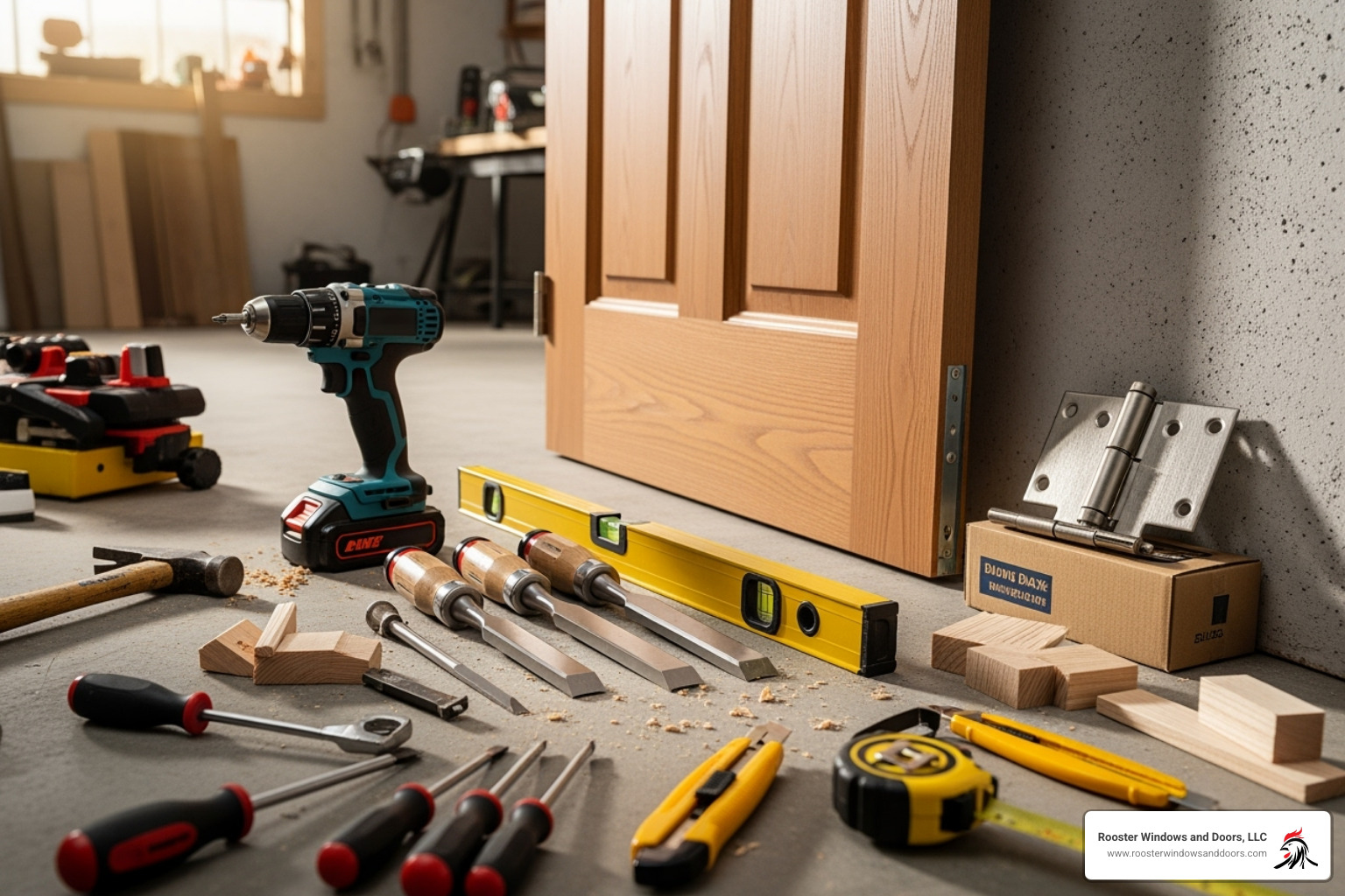 Tools for door replacement including drill, chisel, level, new solid core door, and heavy-duty hinges - replace hollow core door with solid