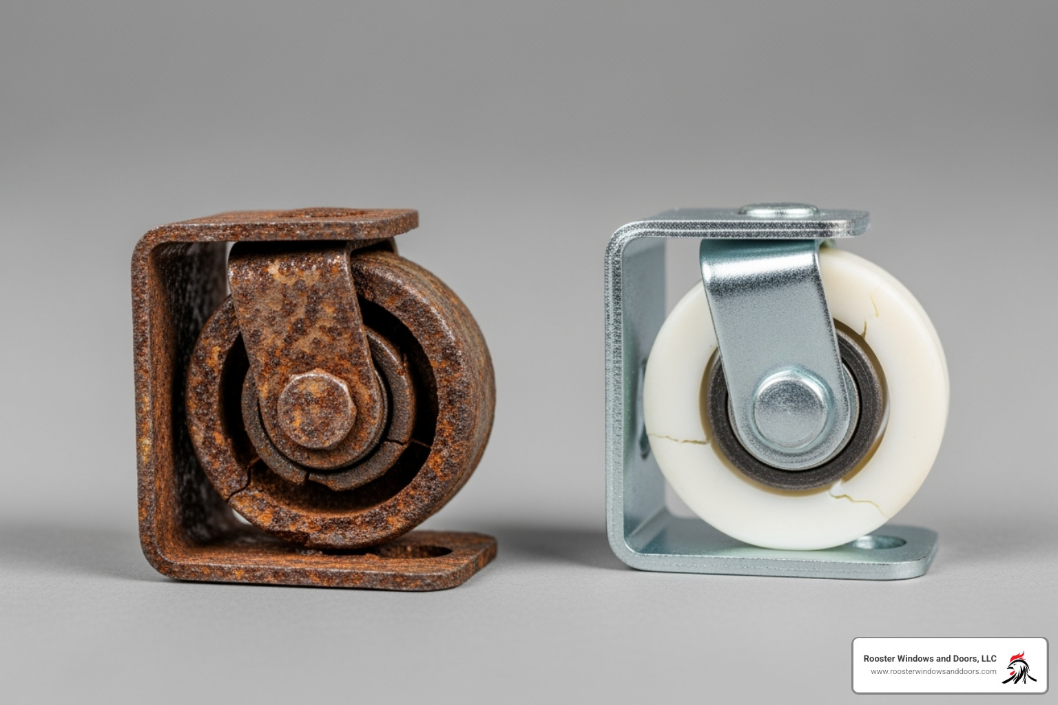 A worn-out, corroded roller next to a new one - replacing rollers on sliding glass door