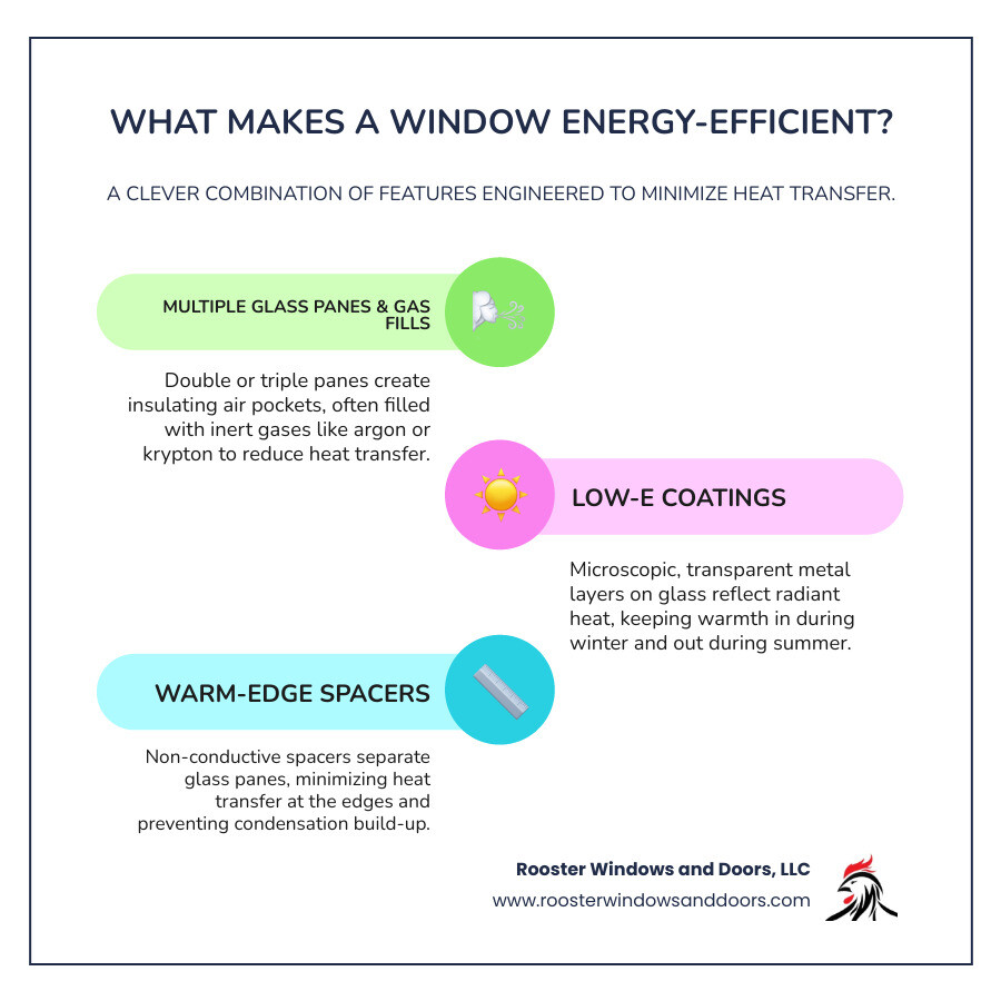 Comprehensive breakdown of energy-efficient window components showing double or triple glass panes with insulating gas fills, Low-E coatings for heat reflection, warm-edge spacers for thermal performance, and insulated frame materials, with cost ranges and efficiency ratings for each component - Energy efficient window prices infographic infographic-line-3-steps-colors