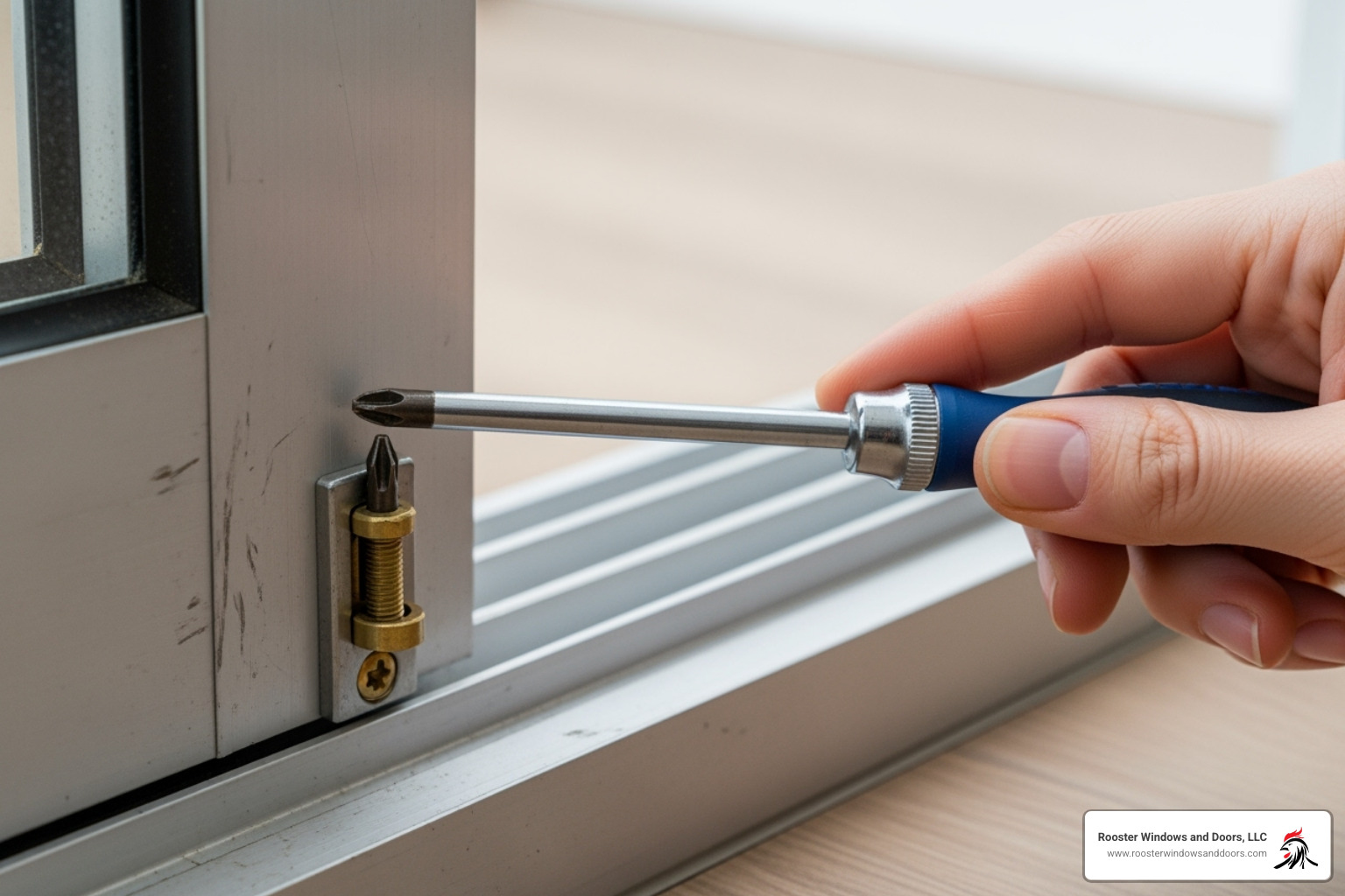 A hand adjusting a roller screw with a screwdriver - replacing rollers on sliding glass door