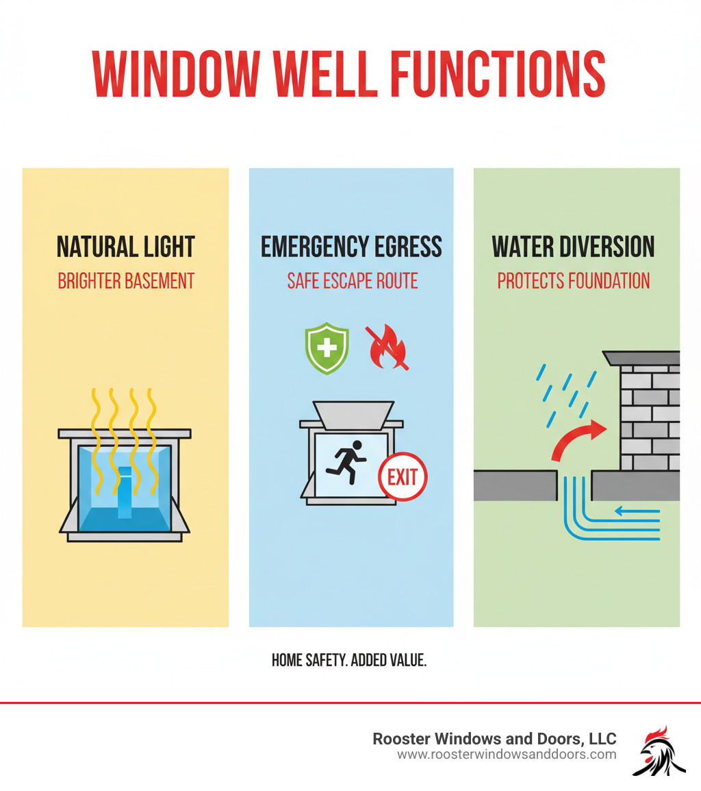 Infographic showing the three primary functions of window wells: natural light improvement with sun rays entering basement, emergency egress with exit arrow and safety symbols, and water diversion with rain arrows flowing away from foundation - window well companies near me infographic 
