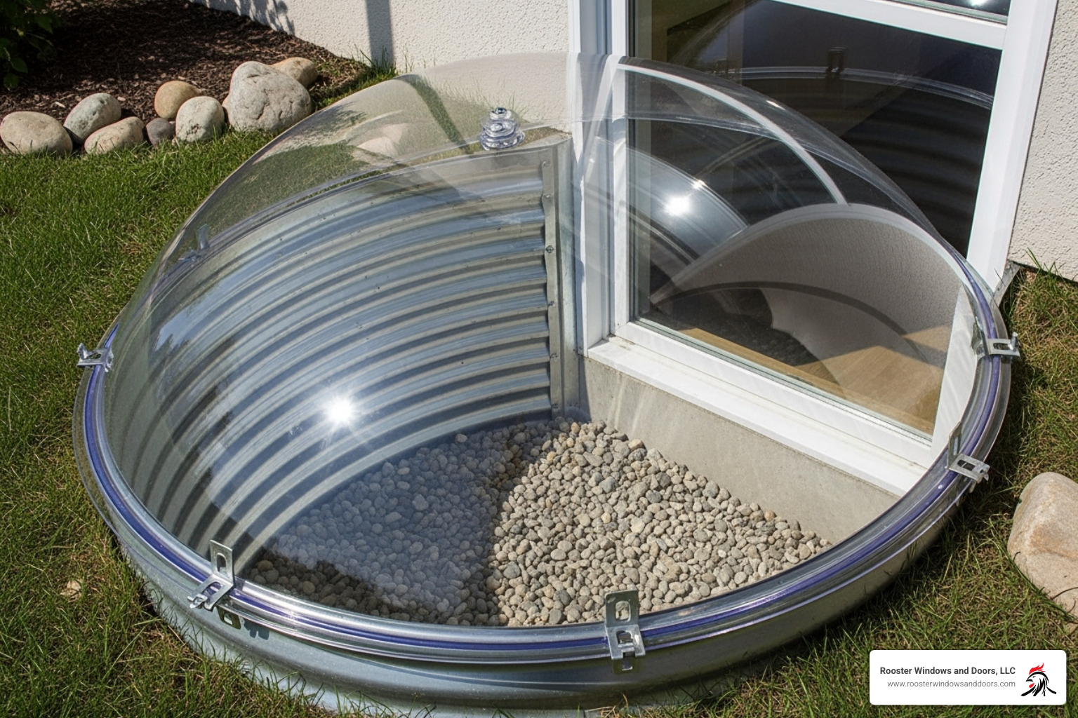 A sturdy, clear polycarbonate window well cover securely fitted over a window well - window well companies near me