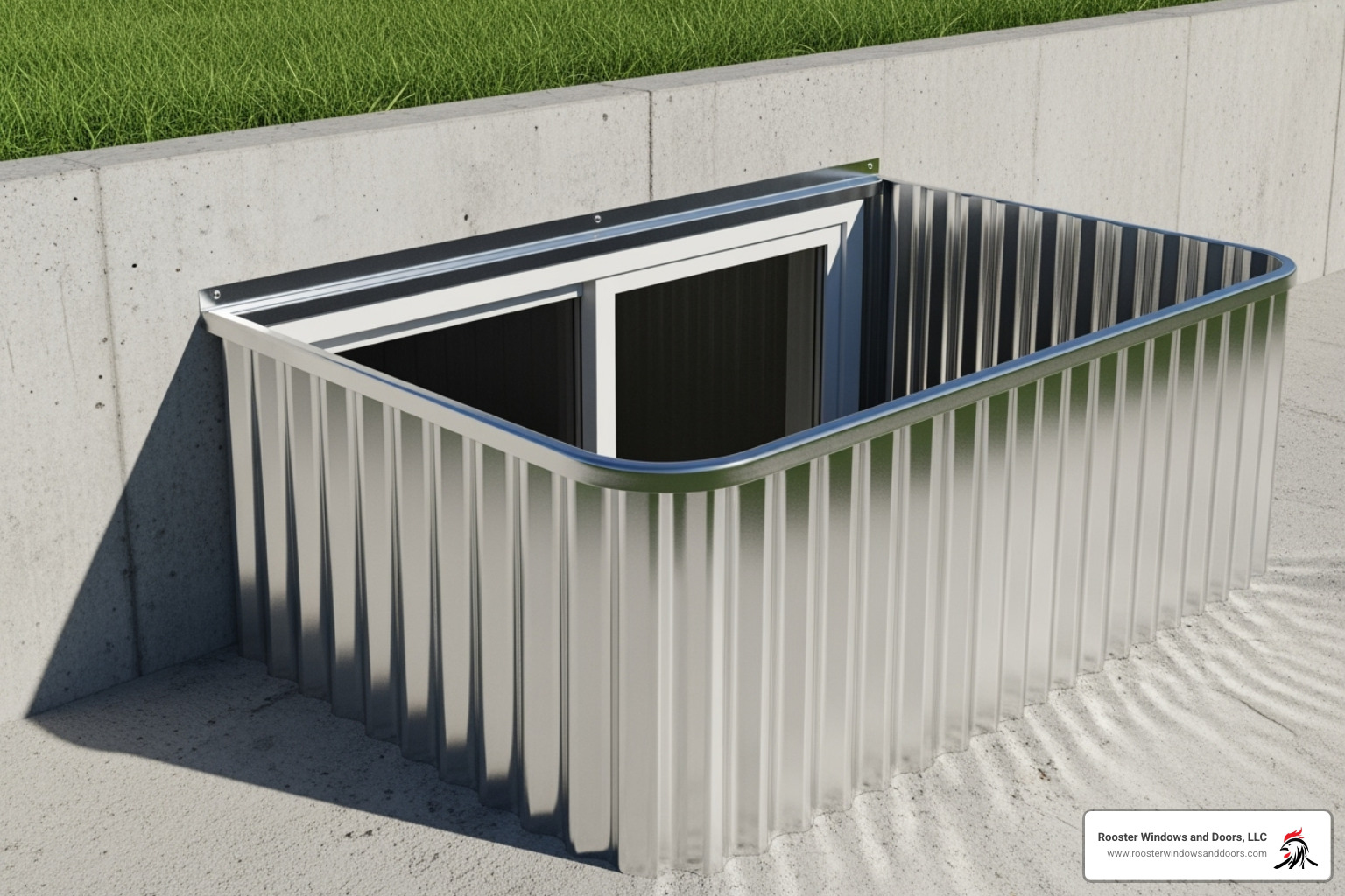 A shiny corrugated metal window well installed around a basement window - window well companies near me