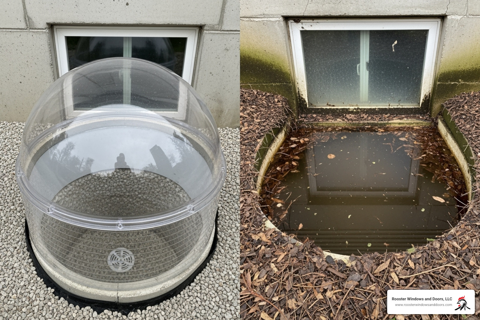 Image comparing a clean, well-draining window well with a clear cover to one filled with leaves, debris, and standing water - window well companies near me