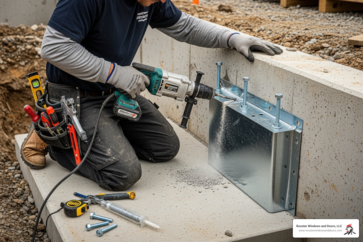 A professional installer carefully securing a window well to a foundation wall with tools - window well companies near me