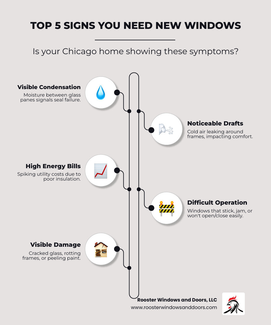 Infographic showing the top 5 signs you need new windows in Chicago: visible condensation between glass panes, noticeable drafts around window frames, dramatically high energy bills during winter and summer months, windows that stick or are difficult to open and close, and visible damage like cracked glass or rotting frames - chicago il window replacement infographic infographic-line-5-steps-neat_beige