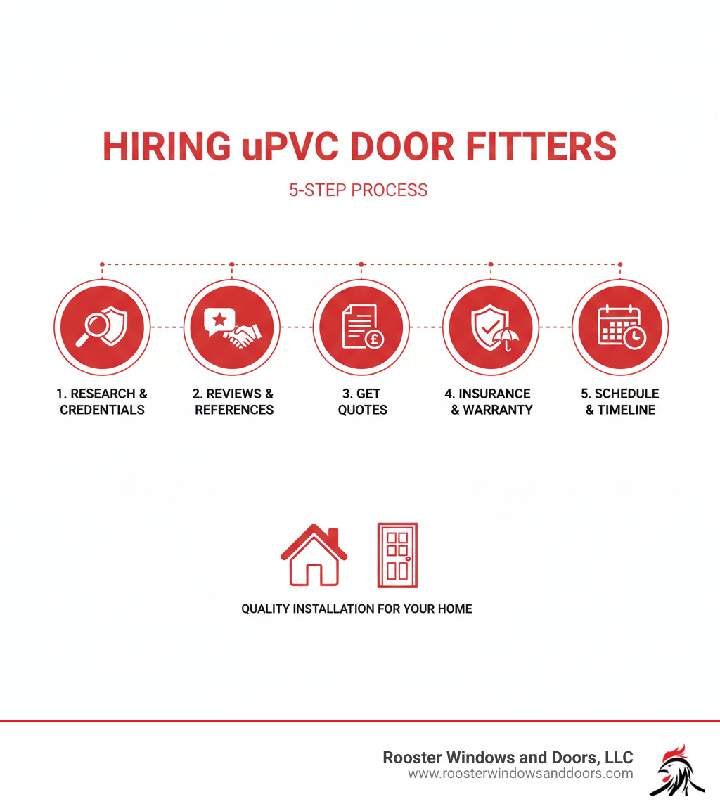 Detailed infographic showing the 5-step process for hiring uPVC door fitters: 1. Research and shortlist local installers with proper credentials, 2. Check reviews and ask for references from recent customers, 3. Get detailed written quotes from 3-4 installers, 4. Verify insurance and warranty coverage, 5. Schedule installation with clear timeline expectations - upvc door fitters near me infographic 
