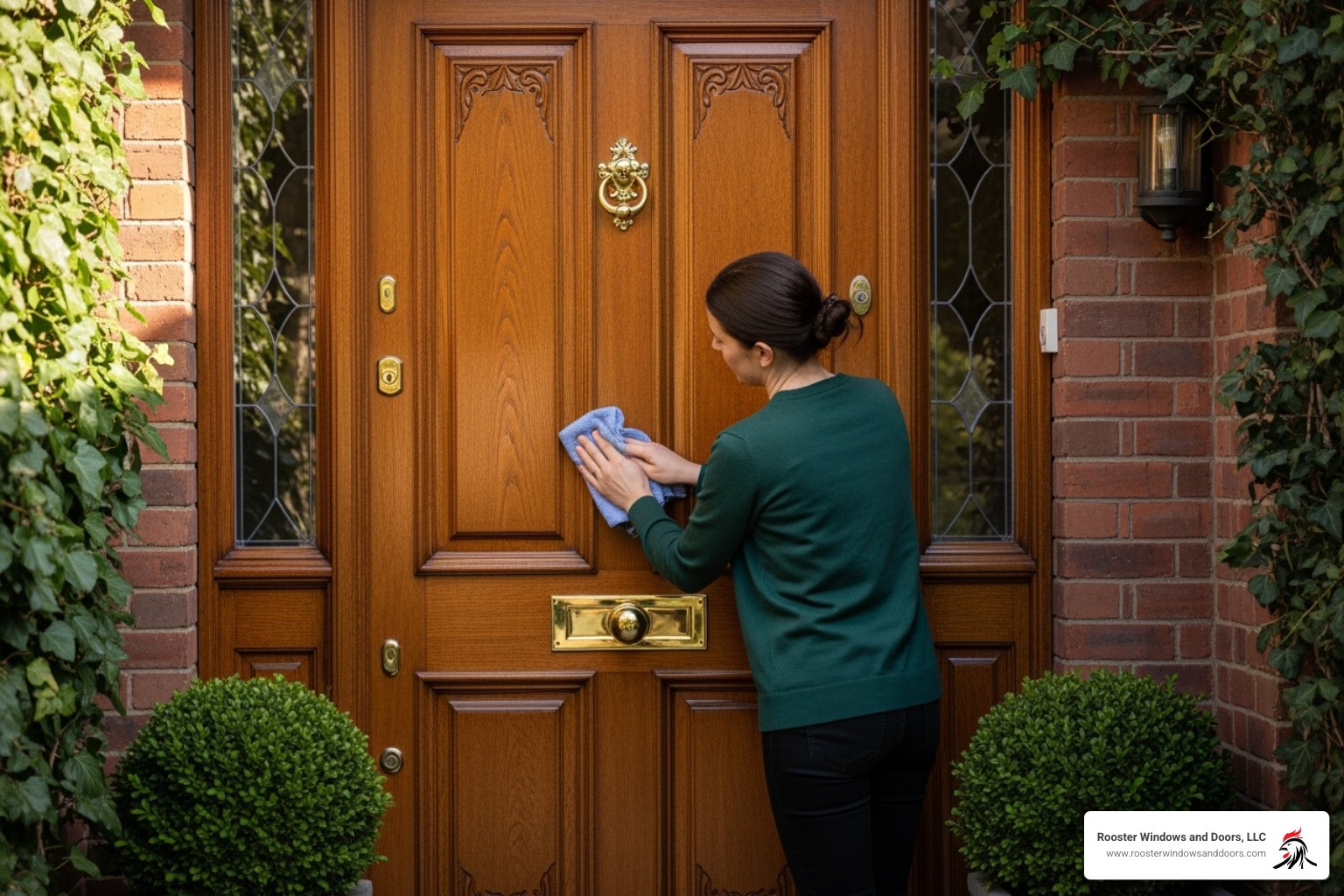 Person cleaning and maintaining a beautiful wood door - custom home doors