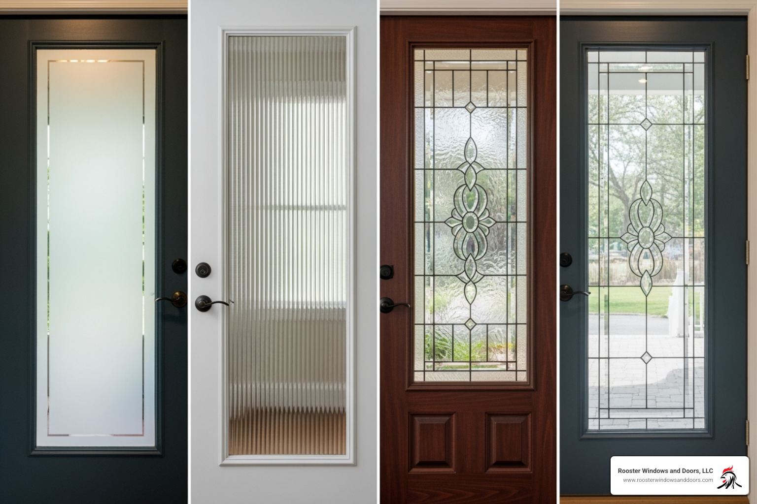 Various glass styles including frosted, reeded, and decorative glass designs - custom home doors