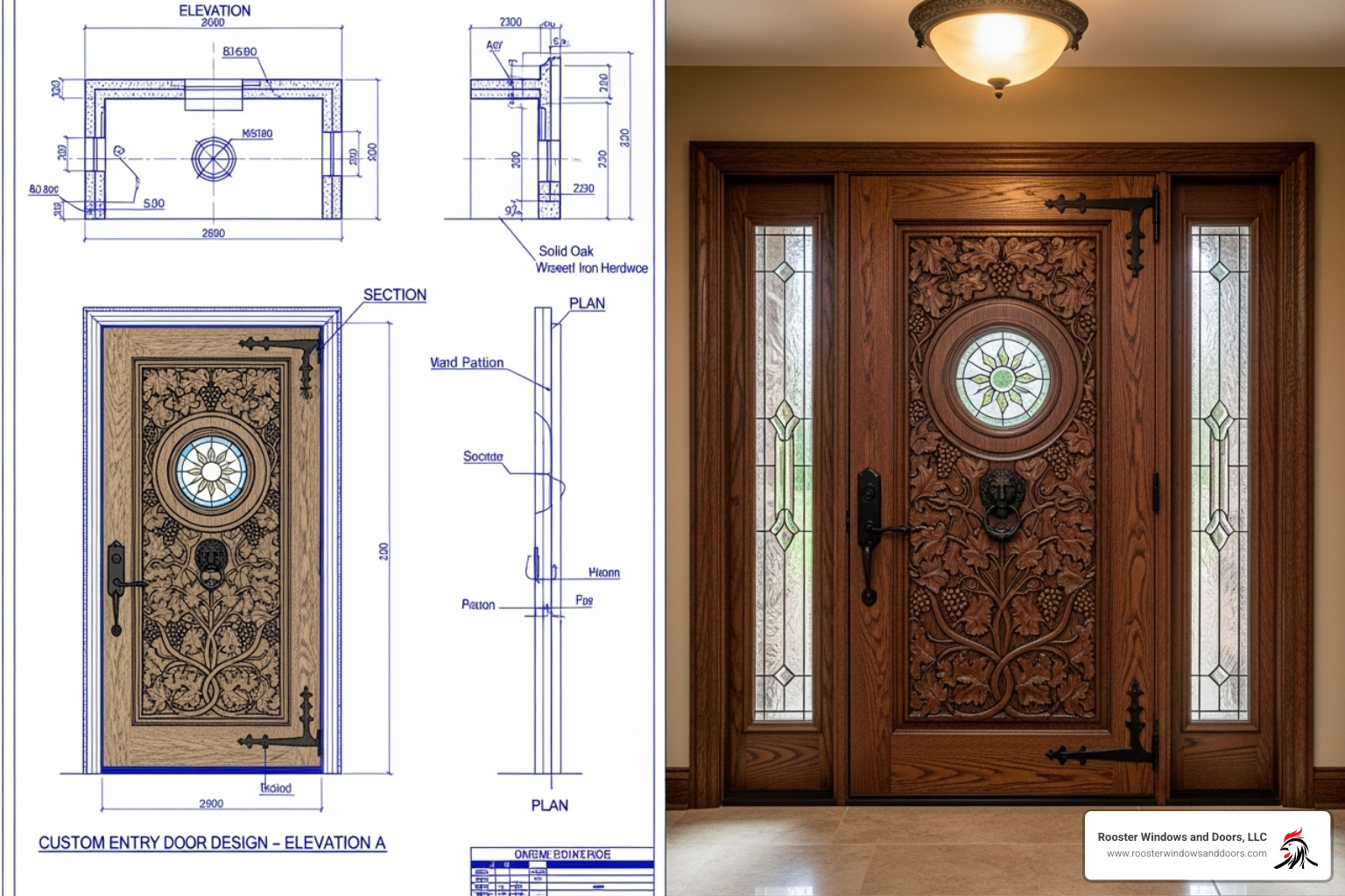 Design blueprint or sketch of a custom door next to the finished product - custom home doors
