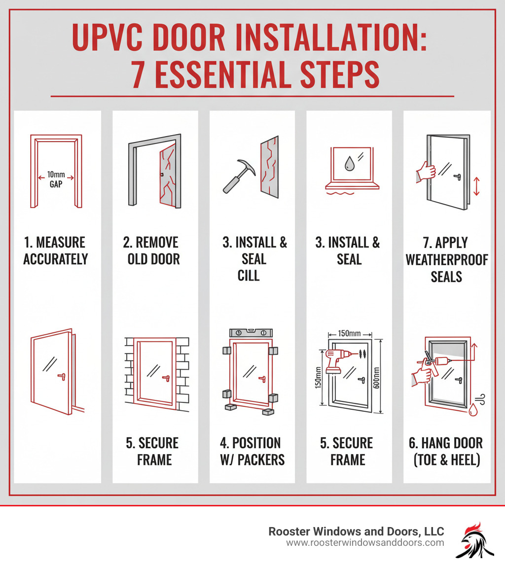 Comprehensive infographic showing the 7 essential steps of uPVC door installation: measuring with 10mm gaps, removing old door components, installing and sealing the cill, positioning frame with packers, securing at proper intervals, hanging door with toe-and-heel technique, and applying weatherproof seals - upvc door installation infographic 