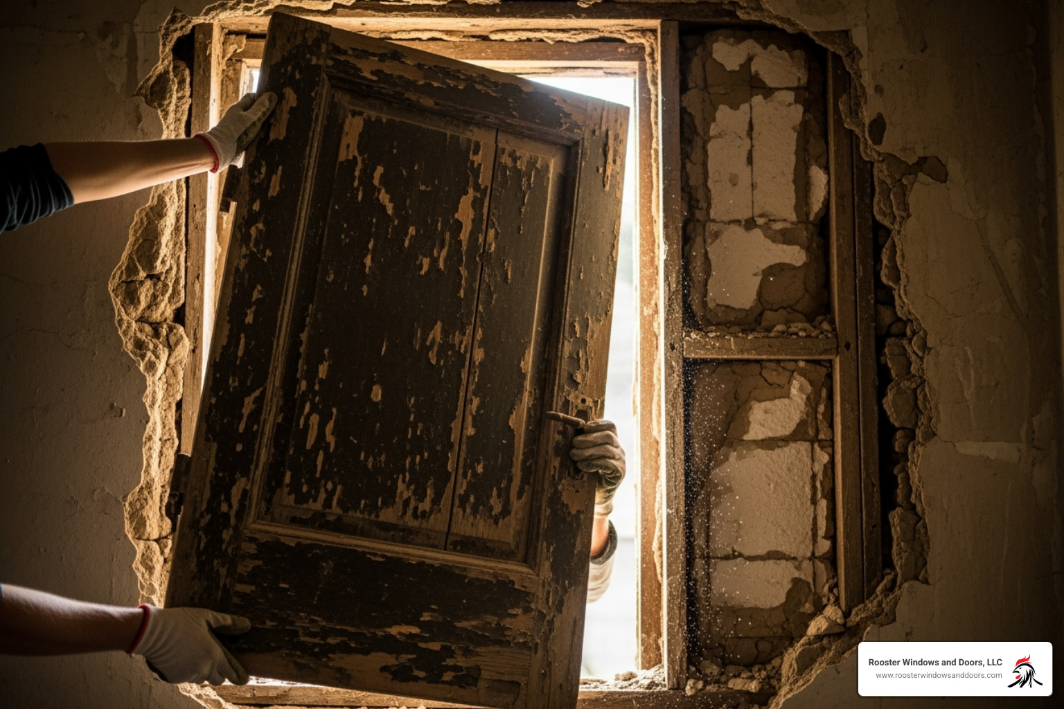 An old wooden door being carefully removed from its frame, revealing the rough opening. - upvc door installation