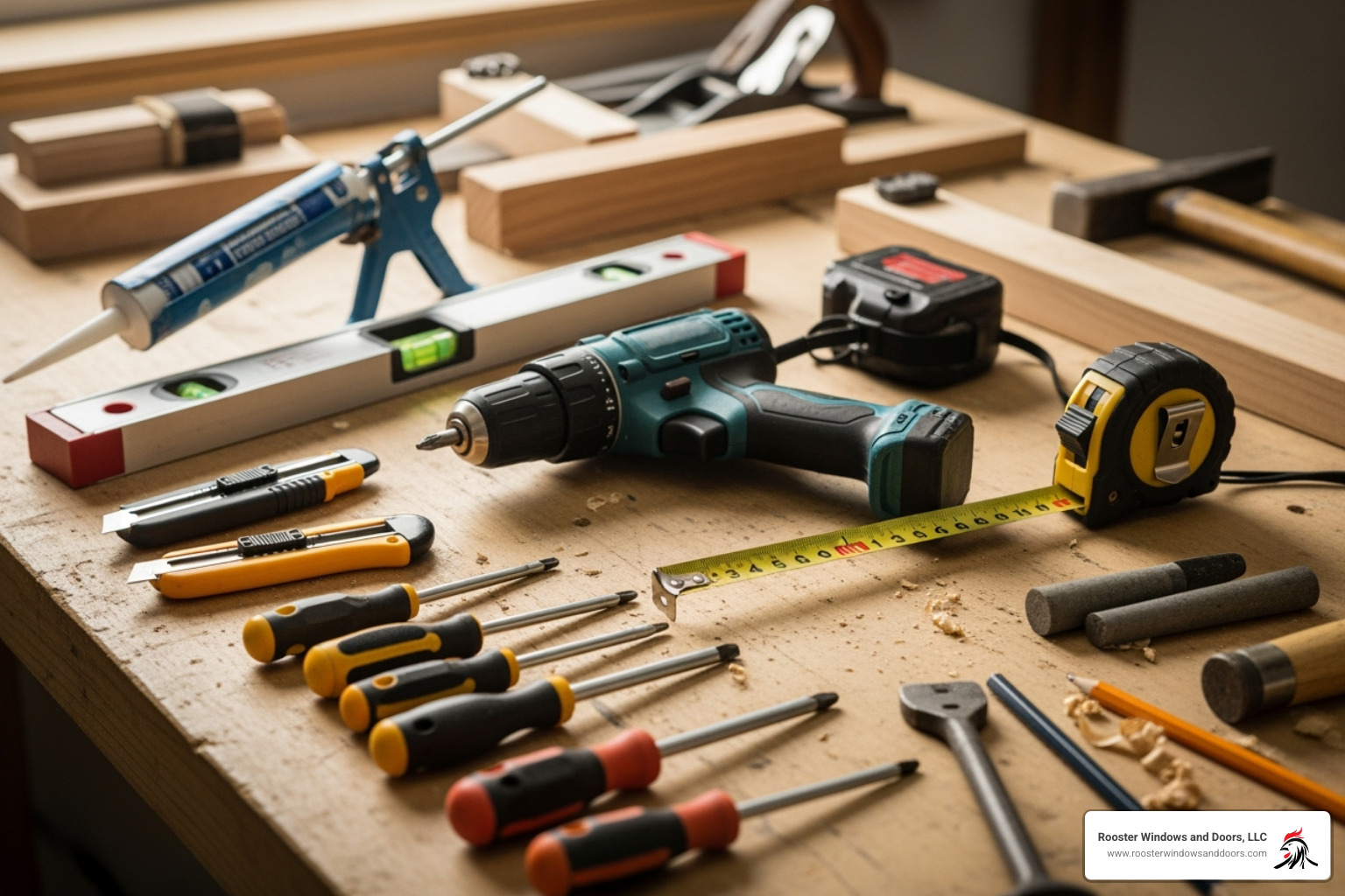 Essential tools laid out for a door installation, including a drill, spirit level, tape measure, sealant gun, and various hand tools. - upvc door installation