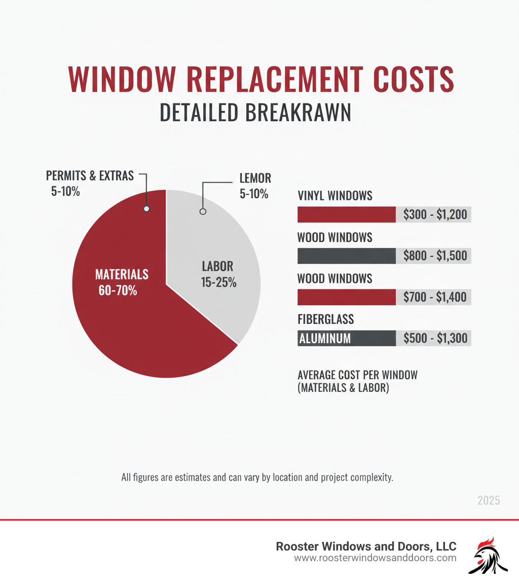 Detailed breakdown of window replacement costs showing materials at 60-70%, labor at 15-25%, permits and extras at 5-10%, with average ranges for different window types and materials - how much does it cost to install replacement windows infographic 
