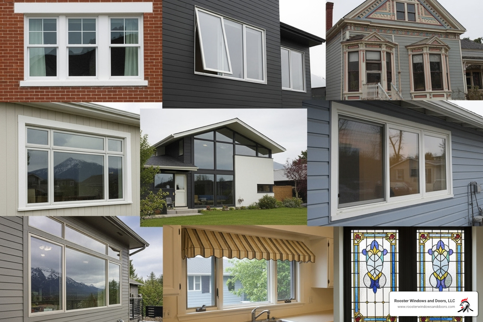 A collage of different window styles including double-hung, casement, and bay windows - how much does it cost to install replacement windows
