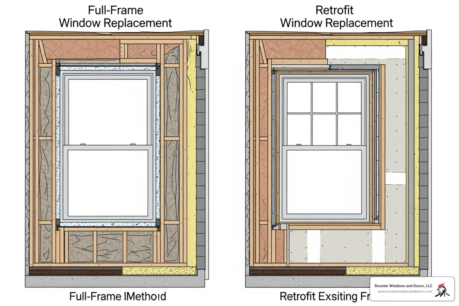 An illustration showing the difference between a full-frame window replacement and a retrofit (insert) replacement, highlighting the extent of work involved - how much does it cost to install replacement windows