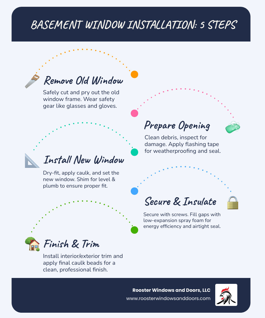 Infographic showing step-by-capital basement window installation process with tools needed, safety considerations, measurement requirements, and sealing techniques for maximum energy efficiency - how to install new basement window infographic infographic-line-5-steps-blues-accent_colors
