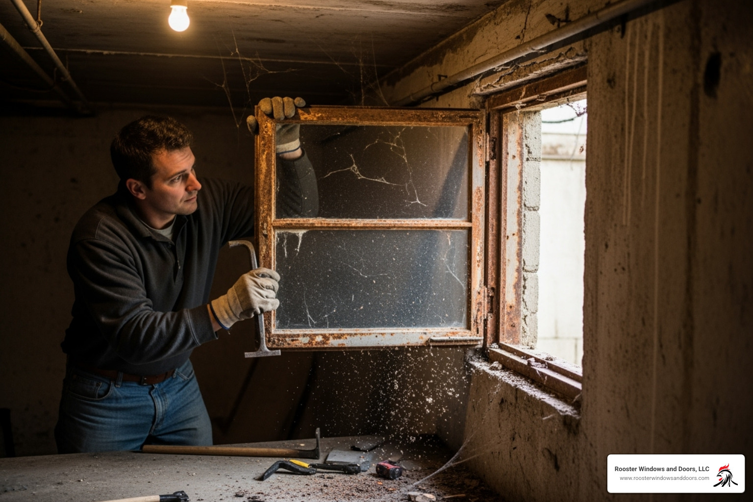 person carefully removing an old, rusted basement window frame - how to install new basement window