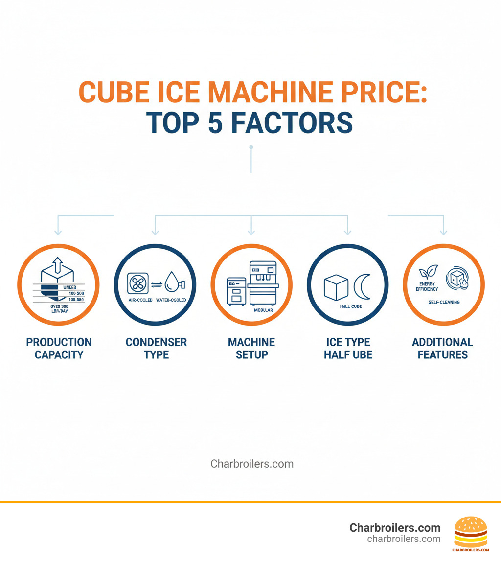 Infographic showing the top 5 factors that determine cube ice machine price: production capacity measured in pounds per day ranging from under 100 to over 500 pounds, condenser type comparing air-cooled versus water-cooled systems, machine configuration showing undercounter versus modular setups, ice type displaying full cube versus half cube options, and additional features including energy efficiency ratings and self-cleaning capabilities - cube ice machine price infographic 