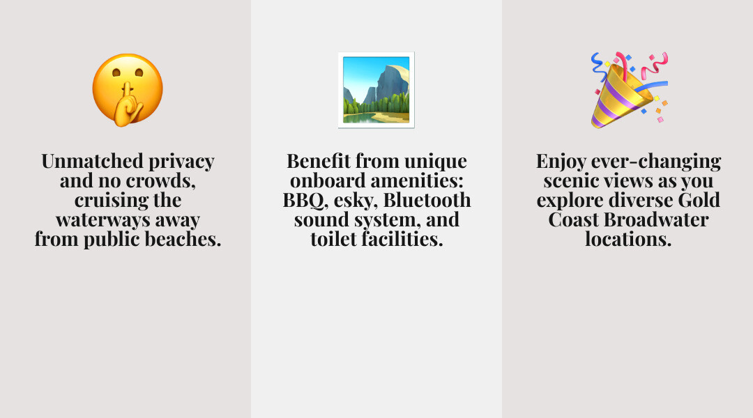 Infographic showing the benefits of BBQ boat hire versus beach picnic, featuring privacy on the water, ever-changing scenic views, onboard amenities like toilets and sound systems, no sand or crowds, and the ability to explore multiple locations in one trip - gold coast bbq boat infographic 3_facts_emoji_grey