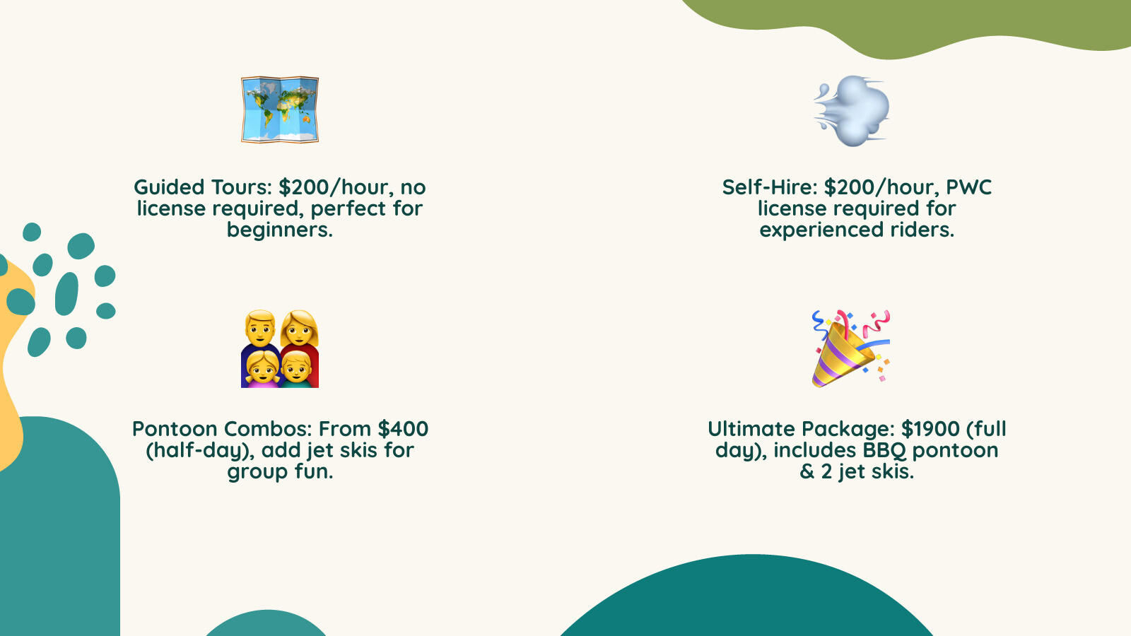 Infographic comparing Gold Coast jet ski rental options: Guided Tours (no license, $200/hr, beginners), Self-Hire (license required, $200/hr, experienced riders), Pontoon Combos (no license, from $400, groups), Ultimate Package ($1900, full day adventure) - jetski rental gold coast infographic 4_facts_emoji_nature