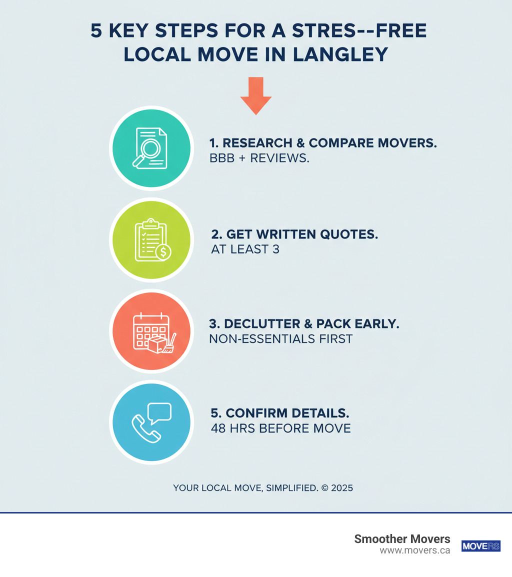 Infographic showing the 5 key steps for a stress-free local move in Langley: 1) Research and compare local moving companies with BBB ratings and customer reviews, 2) Get written quotes from at least 3 movers, 3) Book 2-4 weeks in advance (especially during summer), 4) Prepare by decluttering and packing non-essentials early, 5) Confirm details with your chosen mover 48 hours before moving day - local movers langley infographic 