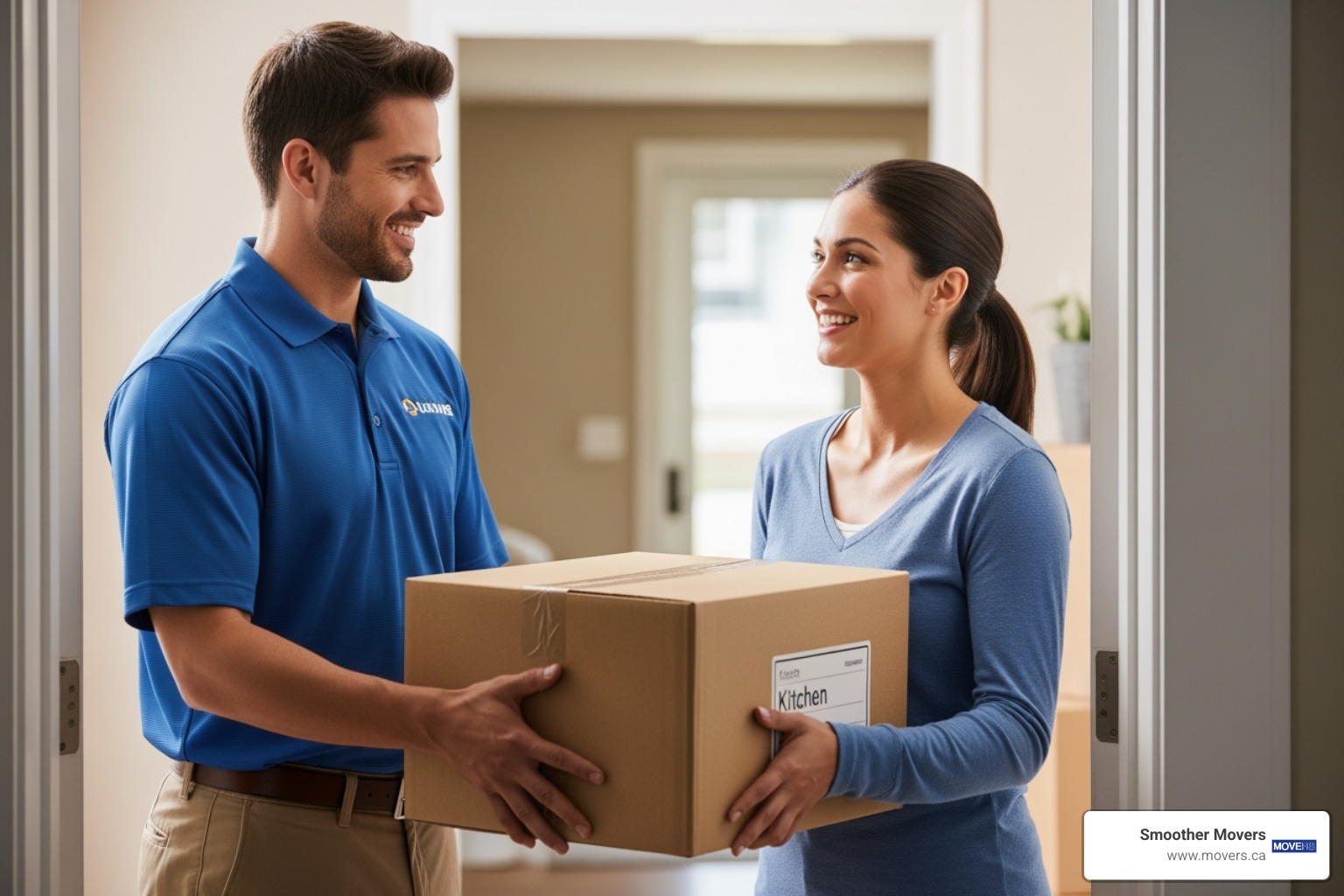 A friendly mover handing a box to a happy homeowner, symbolizing trust and good customer service - local movers langley