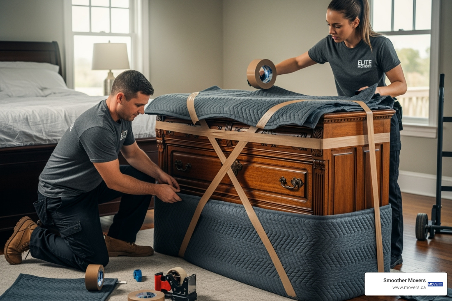 Movers carefully wrapping a large piece of furniture in moving blankets, showcasing attention to detail and protection - local movers langley