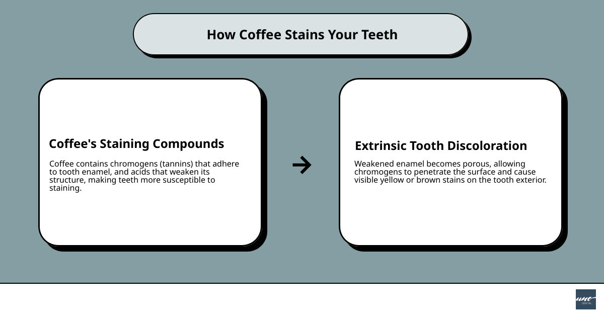 Comprehensive infographic showing how coffee tannins and acids penetrate tooth enamel through microscopic pores, the staining process timeline, and comparison of professional vs at-home whitening effectiveness for coffee stains - teeth whitening for coffee stains infographic cause_effect_text Comprehensive infographic showing how coffee tannins and acids penetrate tooth enamel through microscopic pores, the staining process timeline, and comparison of professional vs at-home whitening effectiveness for coffee stains - teeth whitening for coffee stains infographic cause_effect_text