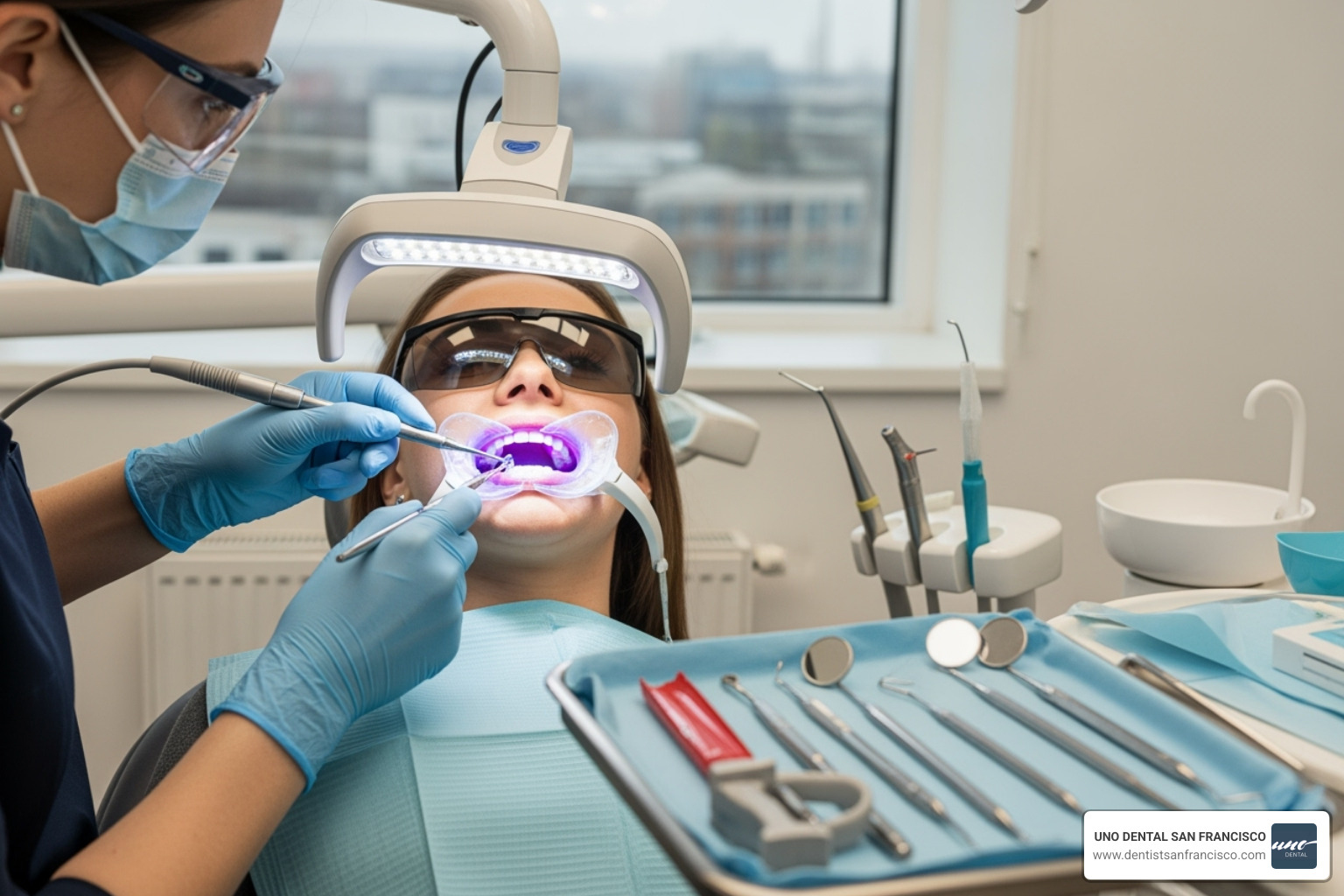 Dentist performing an in-office teeth whitening procedure - teeth whitening for coffee stains Dentist performing an in-office teeth whitening procedure - teeth whitening for coffee stains
