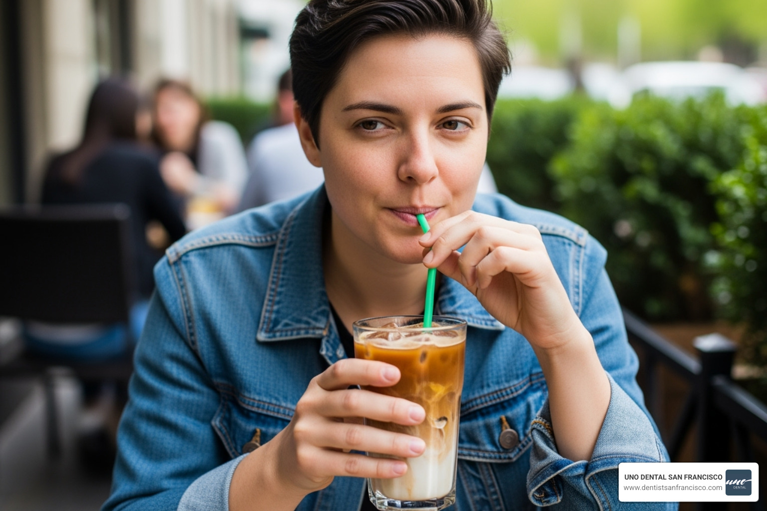 Person drinking iced coffee through a straw - teeth whitening for coffee stains Person drinking iced coffee through a straw - teeth whitening for coffee stains