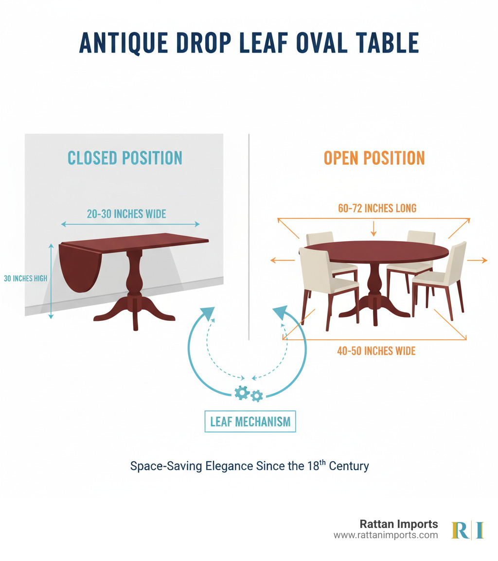 Infographic showing an antique drop leaf oval table in closed position (narrow console against wall) and open position (full oval dining table with chairs), with arrows indicating the leaf mechanism and dimensions labeled - antique drop leaf oval table infographic Infographic showing an antique drop leaf oval table in closed position (narrow console against wall) and open position (full oval dining table with chairs), with arrows indicating the leaf mechanism and dimensions labeled - antique drop leaf oval table infographic