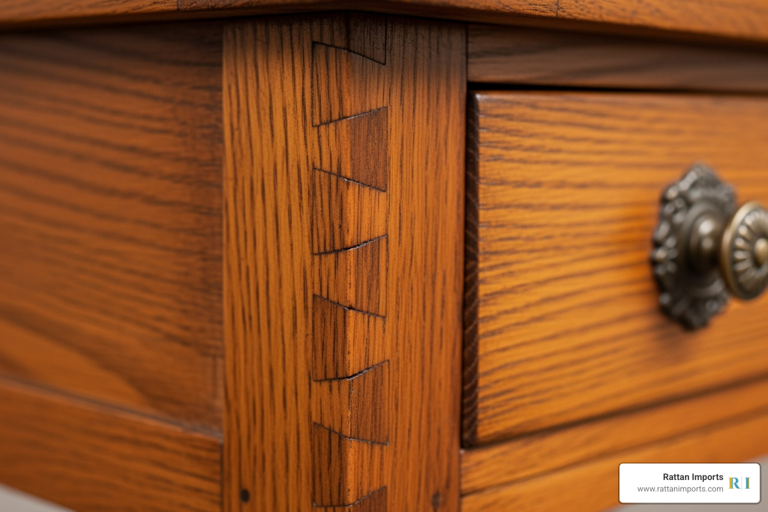 Close-up of intricate wood grain and dovetail joinery on an antique table drawer - antique drop leaf oval table Close-up of intricate wood grain and dovetail joinery on an antique table drawer - antique drop leaf oval table