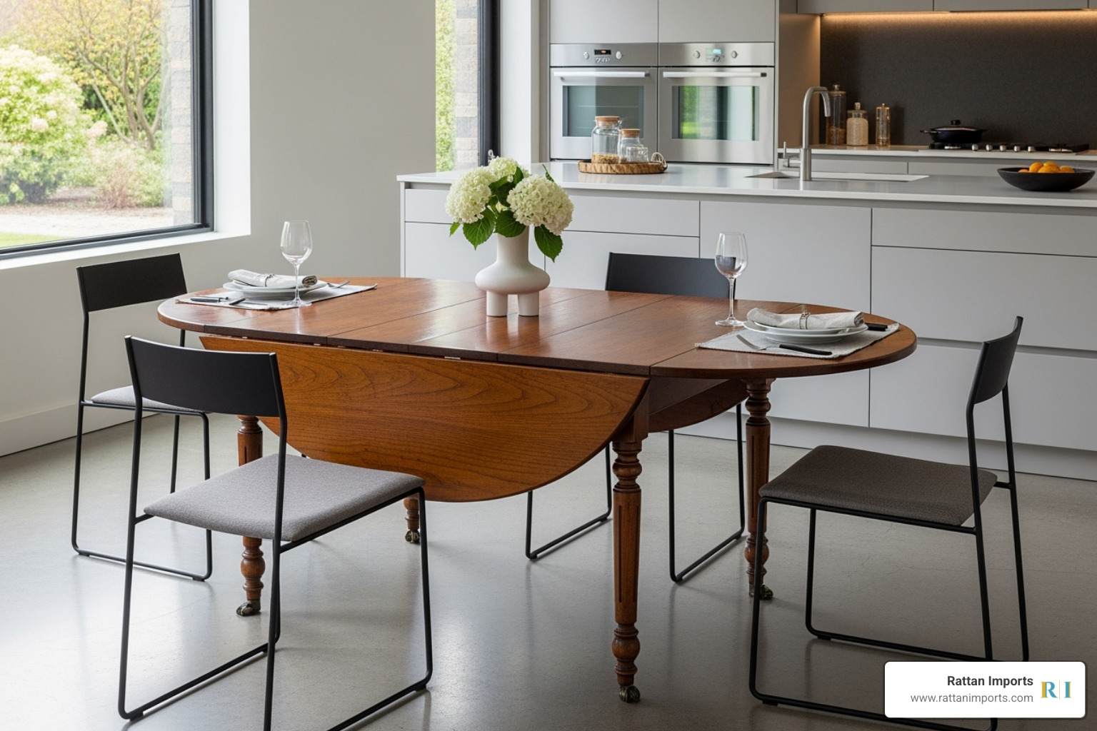 A beautifully styled antique drop leaf oval table used as a versatile dining table in a modern kitchen, surrounded by contemporary chairs and decor. - antique drop leaf oval table A beautifully styled antique drop leaf oval table used as a versatile dining table in a modern kitchen, surrounded by contemporary chairs and decor. - antique drop leaf oval table
