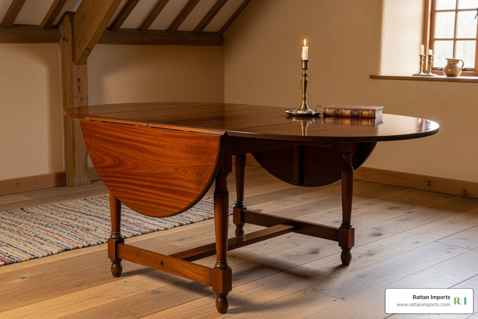 A classic Georgian-style gateleg table with turned legs in a rustic setting - antique drop leaf oval table A classic Georgian-style gateleg table with turned legs in a rustic setting - antique drop leaf oval table