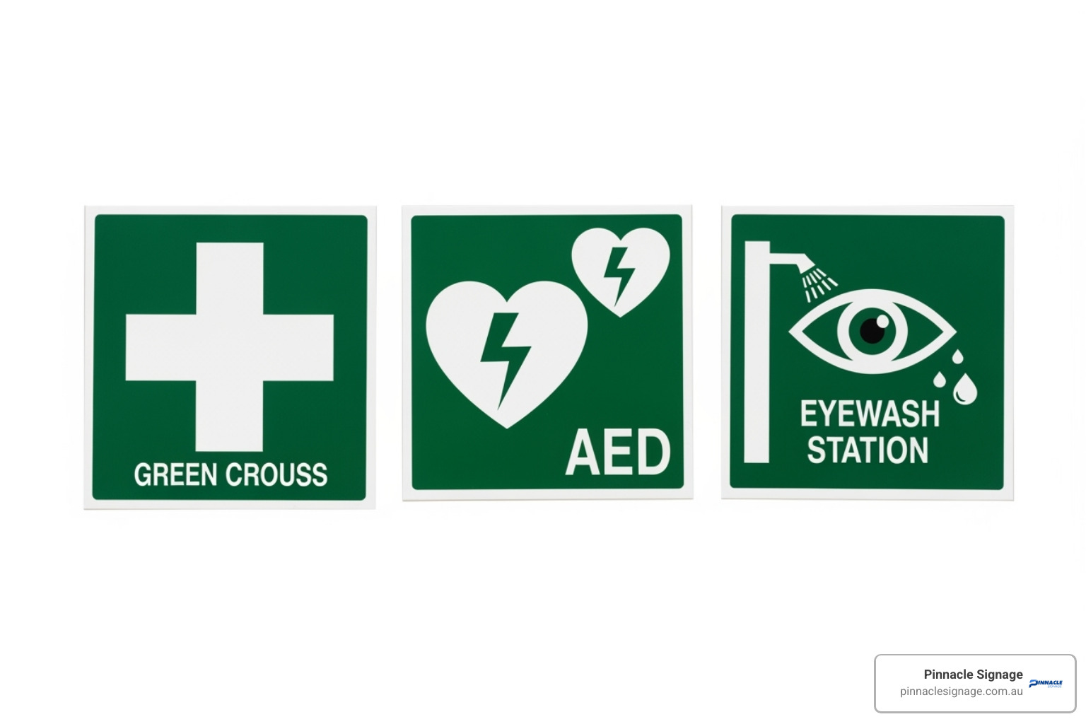 different first aid symbols (Green Cross, AED, Eyewash) side-by-side - sign for first aid