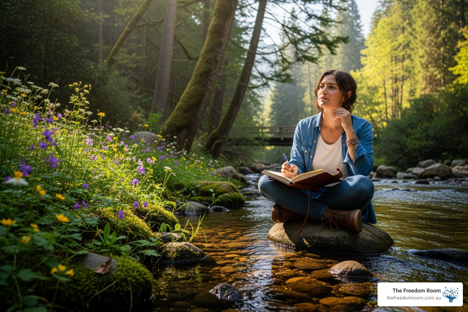 Female client writing in a notebook in a peaceful outdoor setting, practising skills learned in evidence based therapy sessions.