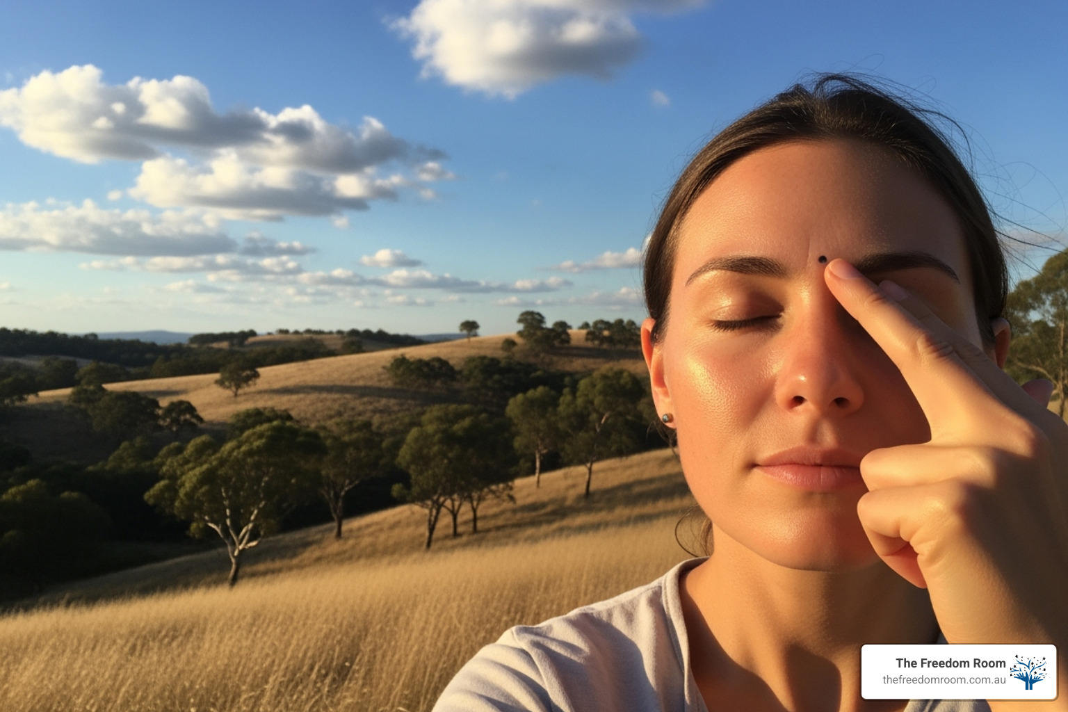 Woman performing a butterfly hug or EFT Tapping outdoors, a technique related to evidence based therapy approaches.