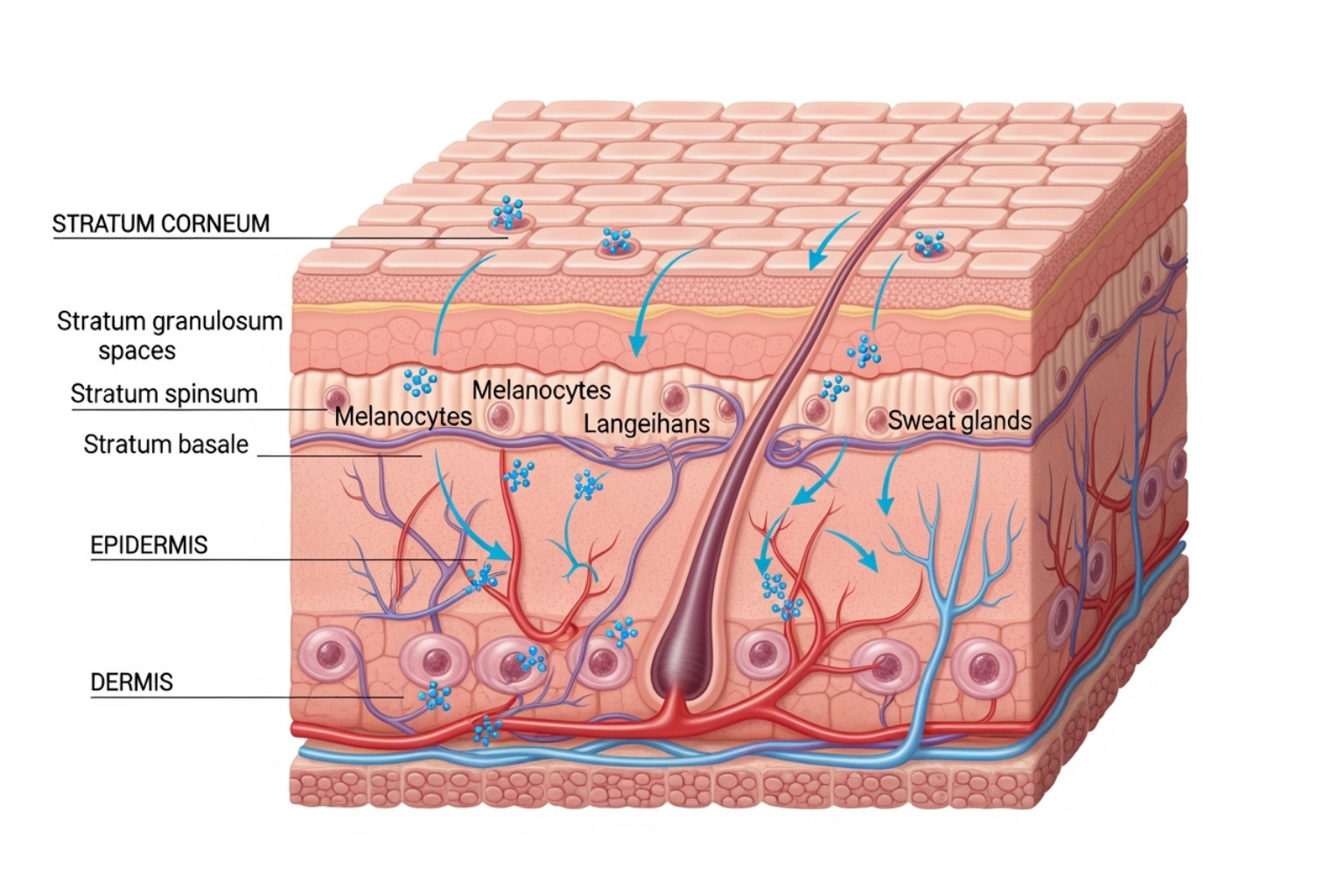 diagram showing drug permeation through skin layers (stratum corneum, epidermis, dermis) - gel for nerve pain