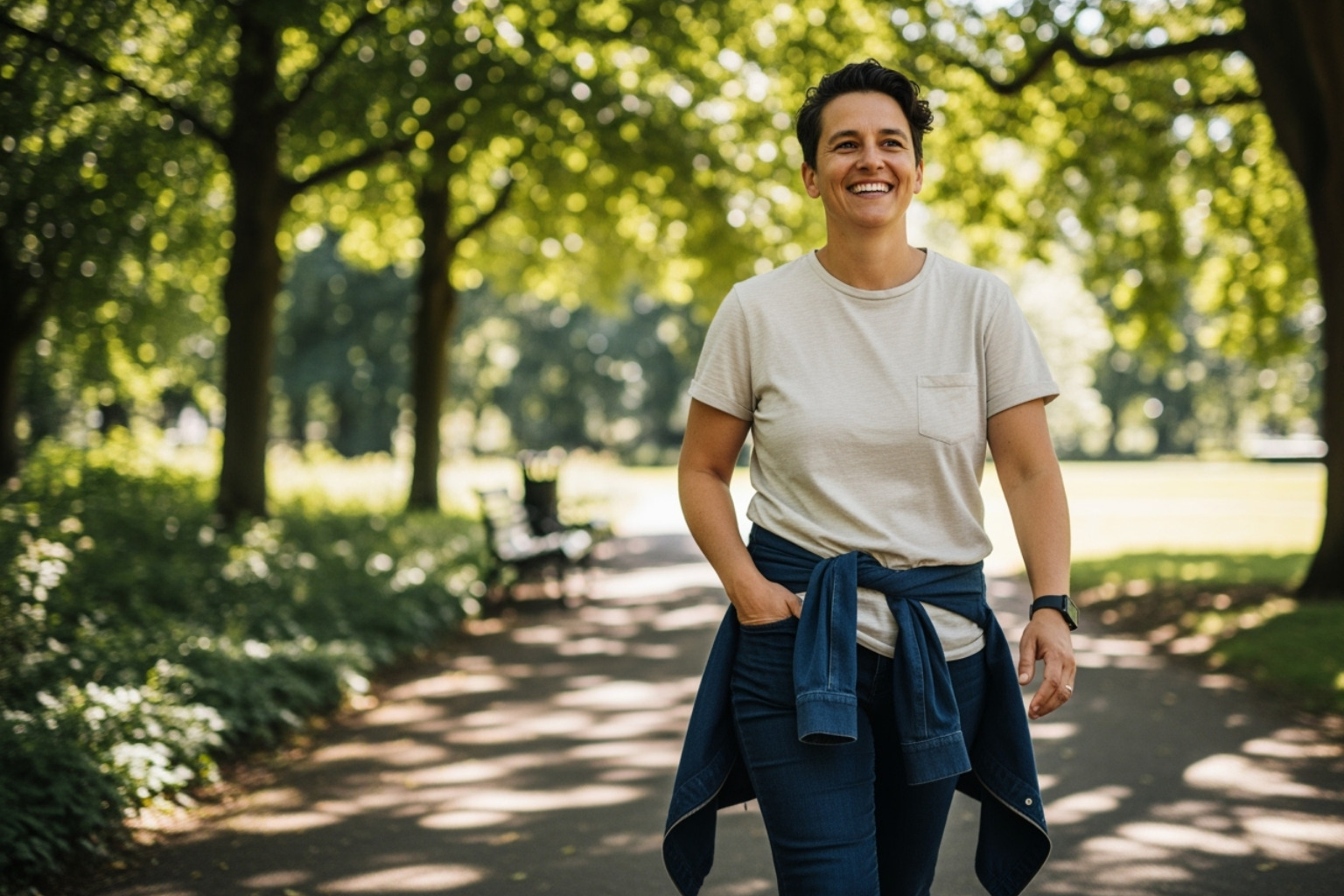 person smiling and walking comfortably - gel for nerve pain