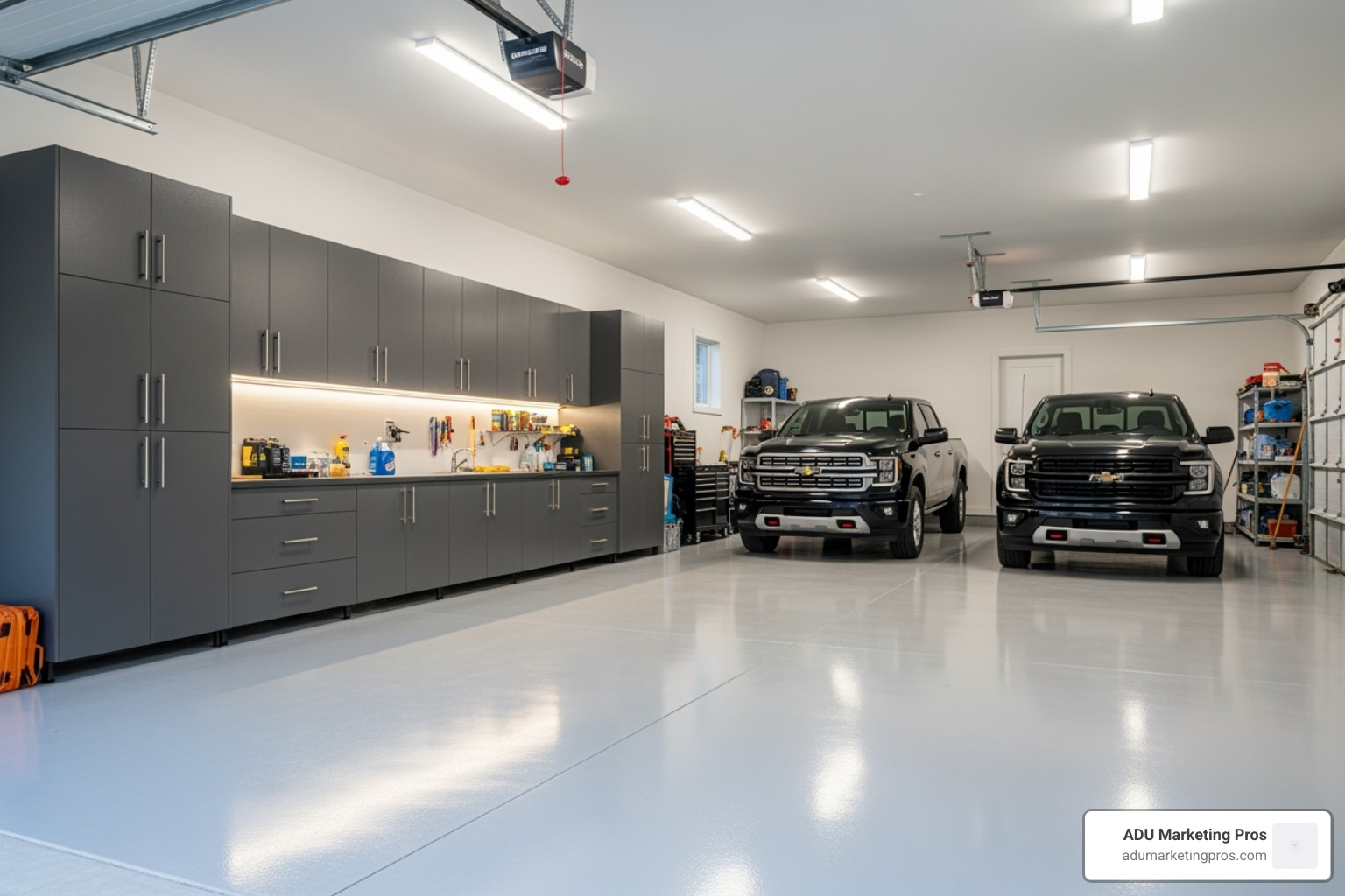 A cleanly finished two-car garage with new epoxy flooring, white walls, and organized cabinet storage - cost garage remodel A cleanly finished two-car garage with new epoxy flooring, white walls, and organized cabinet storage - cost garage remodel