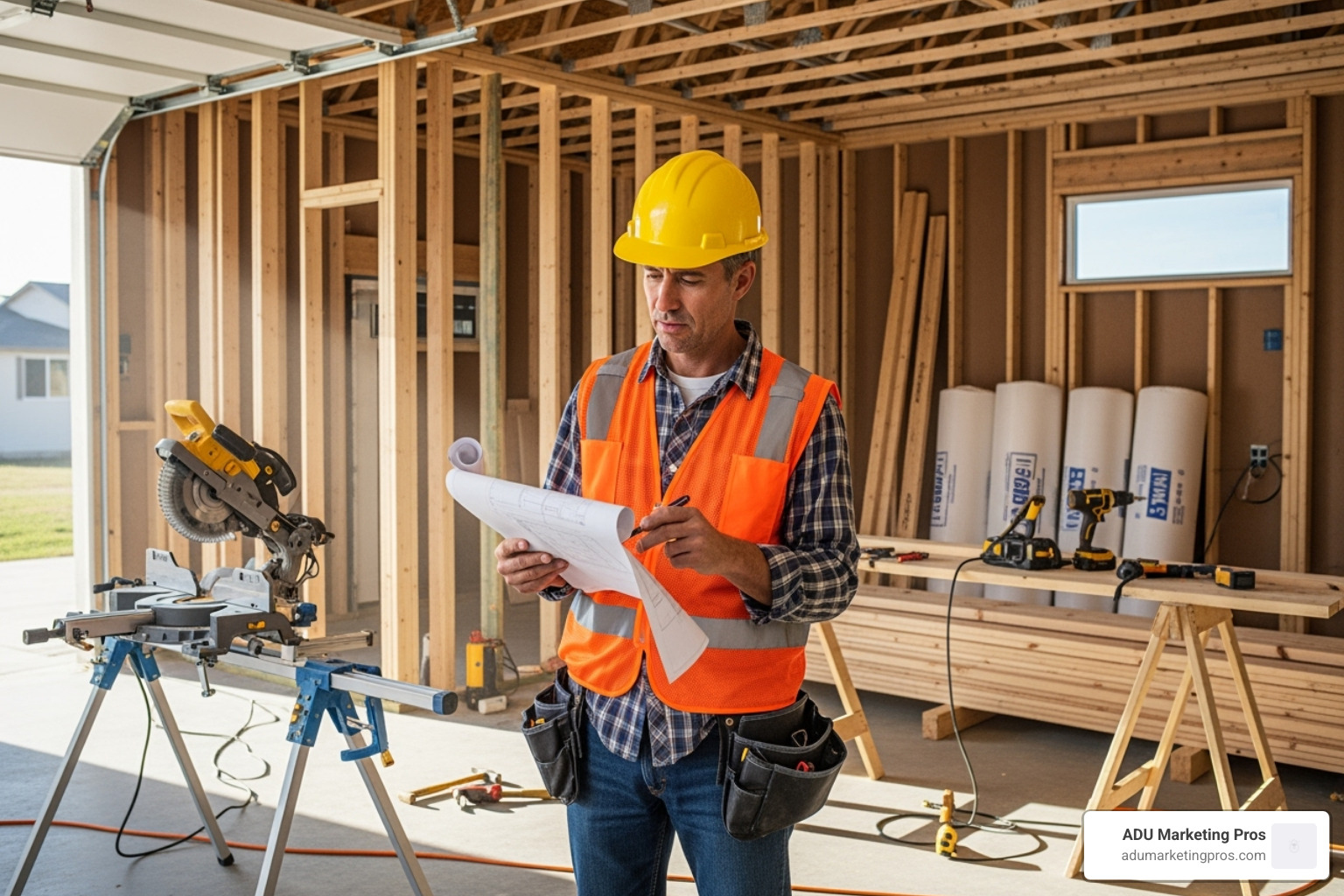 A contractor reviewing blueprints inside a garage that is under construction - cost garage remodel A contractor reviewing blueprints inside a garage that is under construction - cost garage remodel