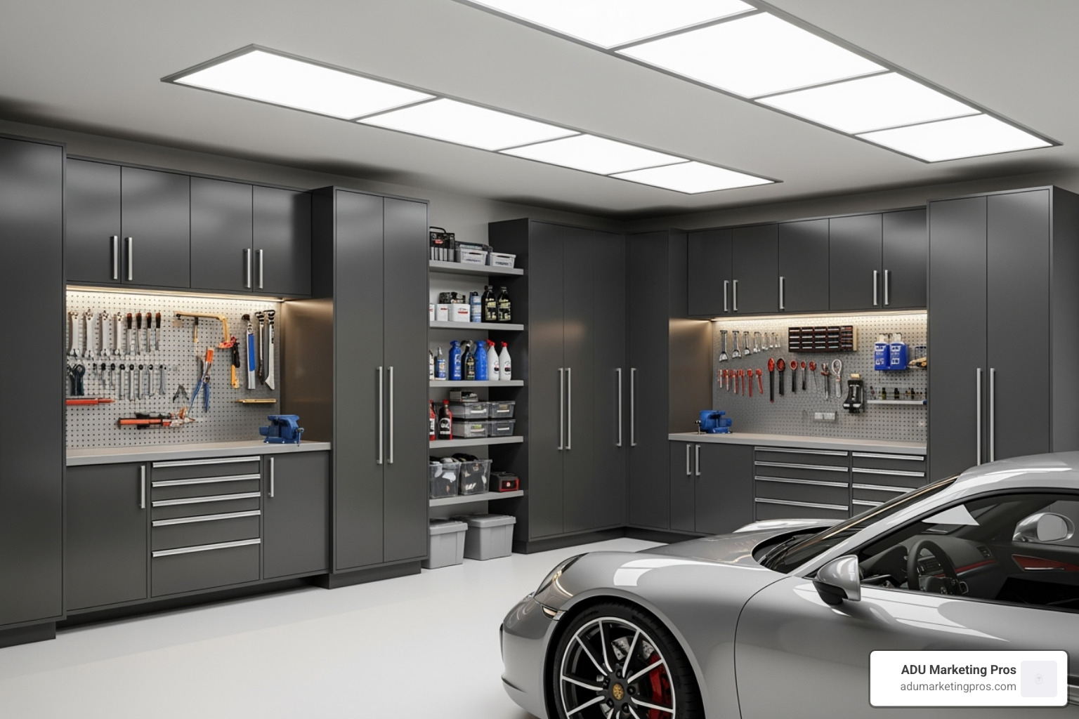 A modern garage with built-in storage and efficient lighting, showcasing an organized and functional space - cost garage remodel A modern garage with built-in storage and efficient lighting, showcasing an organized and functional space - cost garage remodel