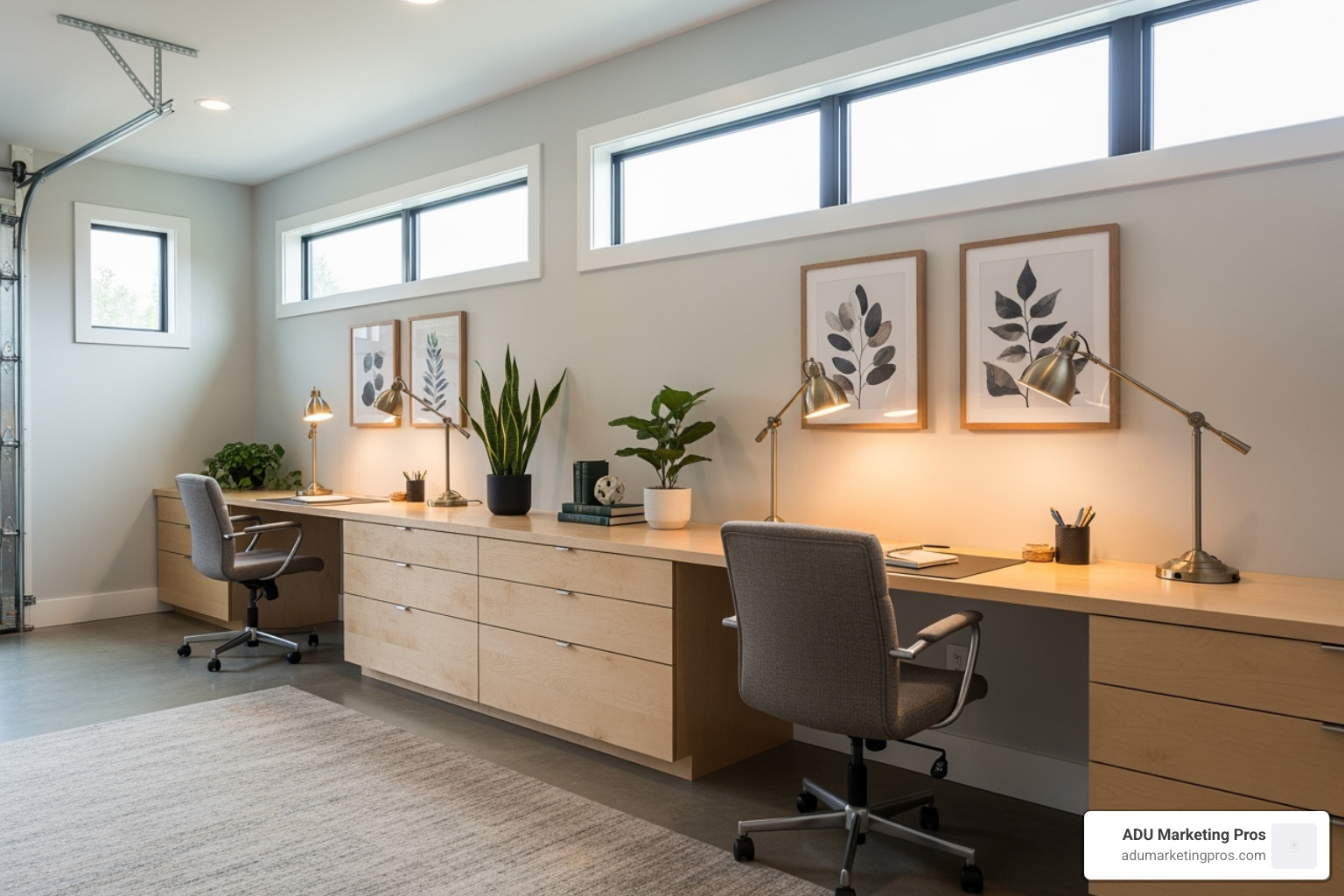 A garage beautifully converted into a functional home office with built-in desks and good lighting - cost garage remodel A garage beautifully converted into a functional home office with built-in desks and good lighting - cost garage remodel