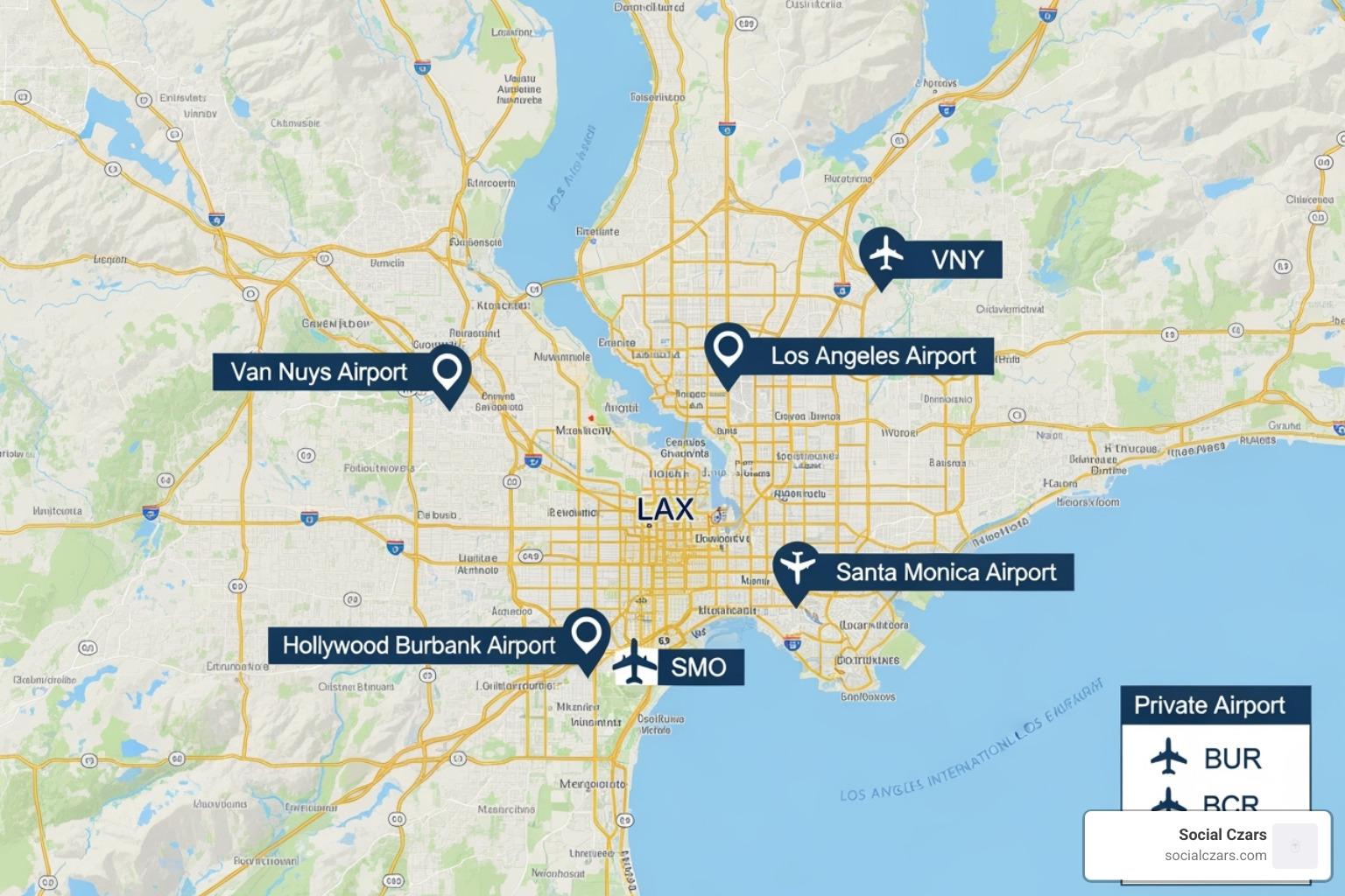 map highlighting key private airports in the Los Angeles area (VNY, LAX, SMO, BUR) - seo for private jet charter los angeles