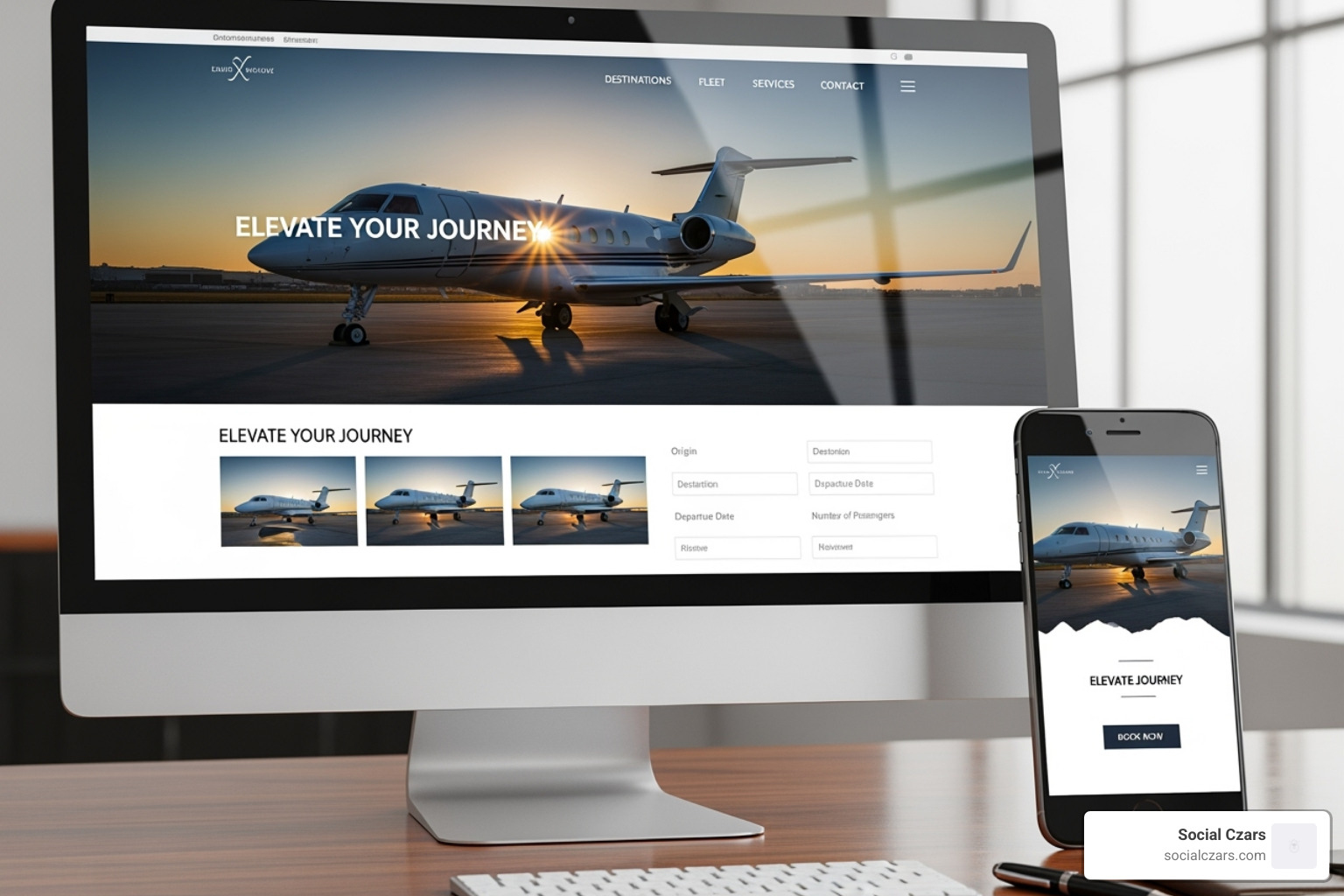 sleek, modern private jet website on a desktop and mobile screen - seo for private jet charter los angeles