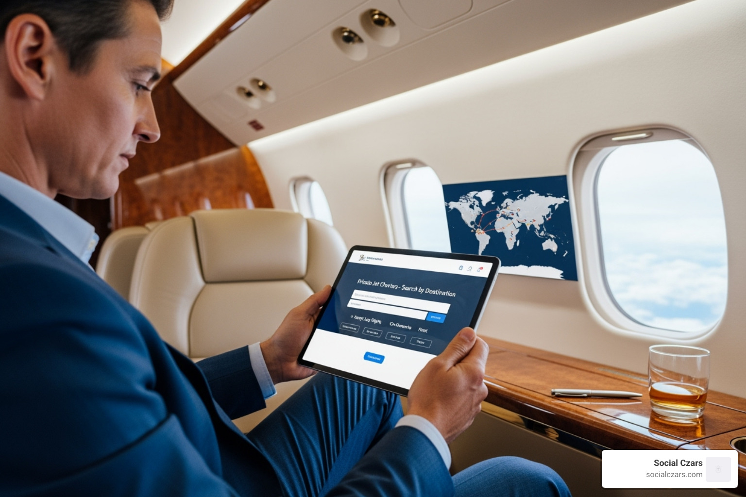 person on a tablet searching for private jet services - seo for private jet charter los angeles